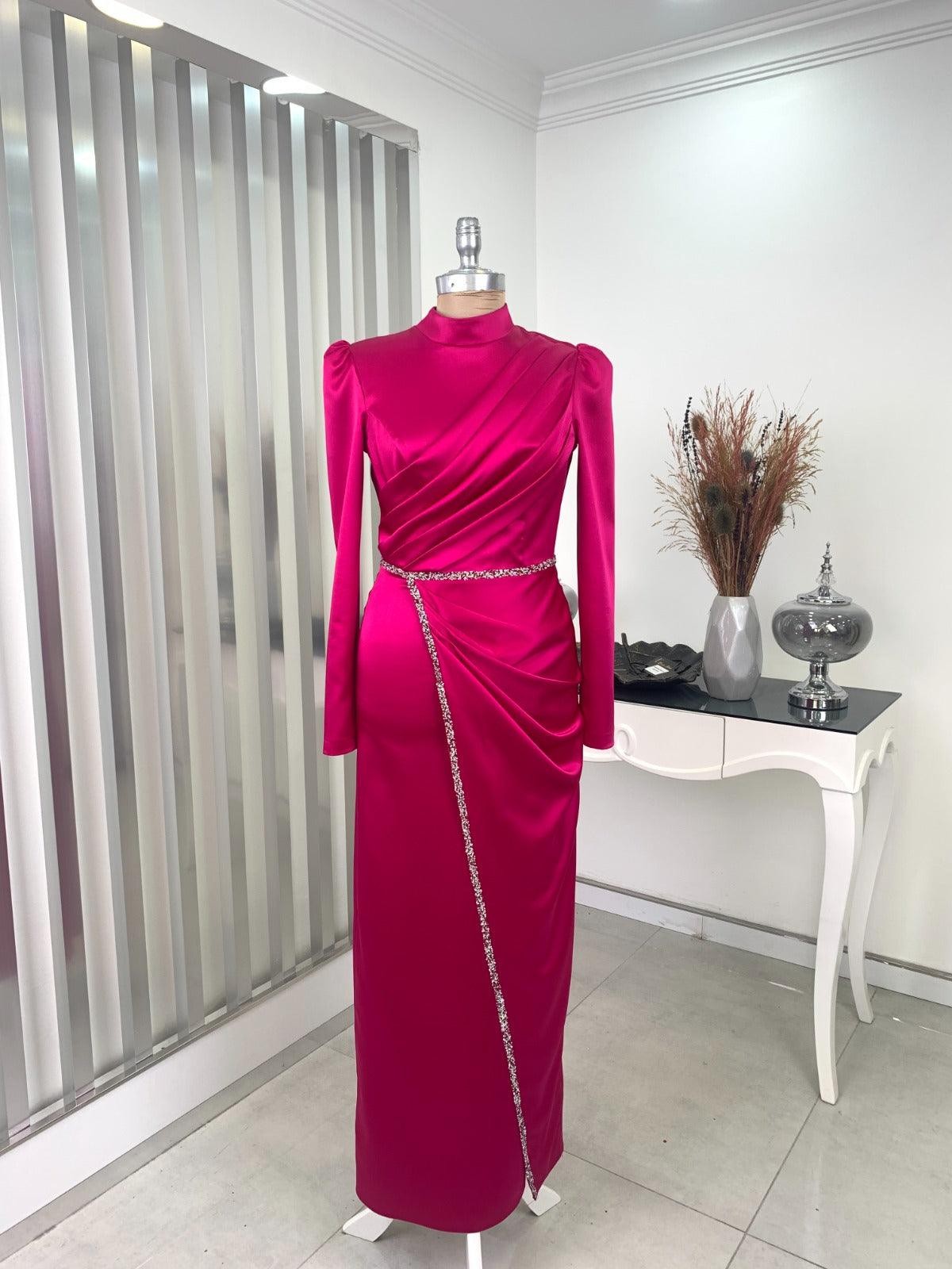 Elif Satin Hijab Evening Dress - Fuchsia