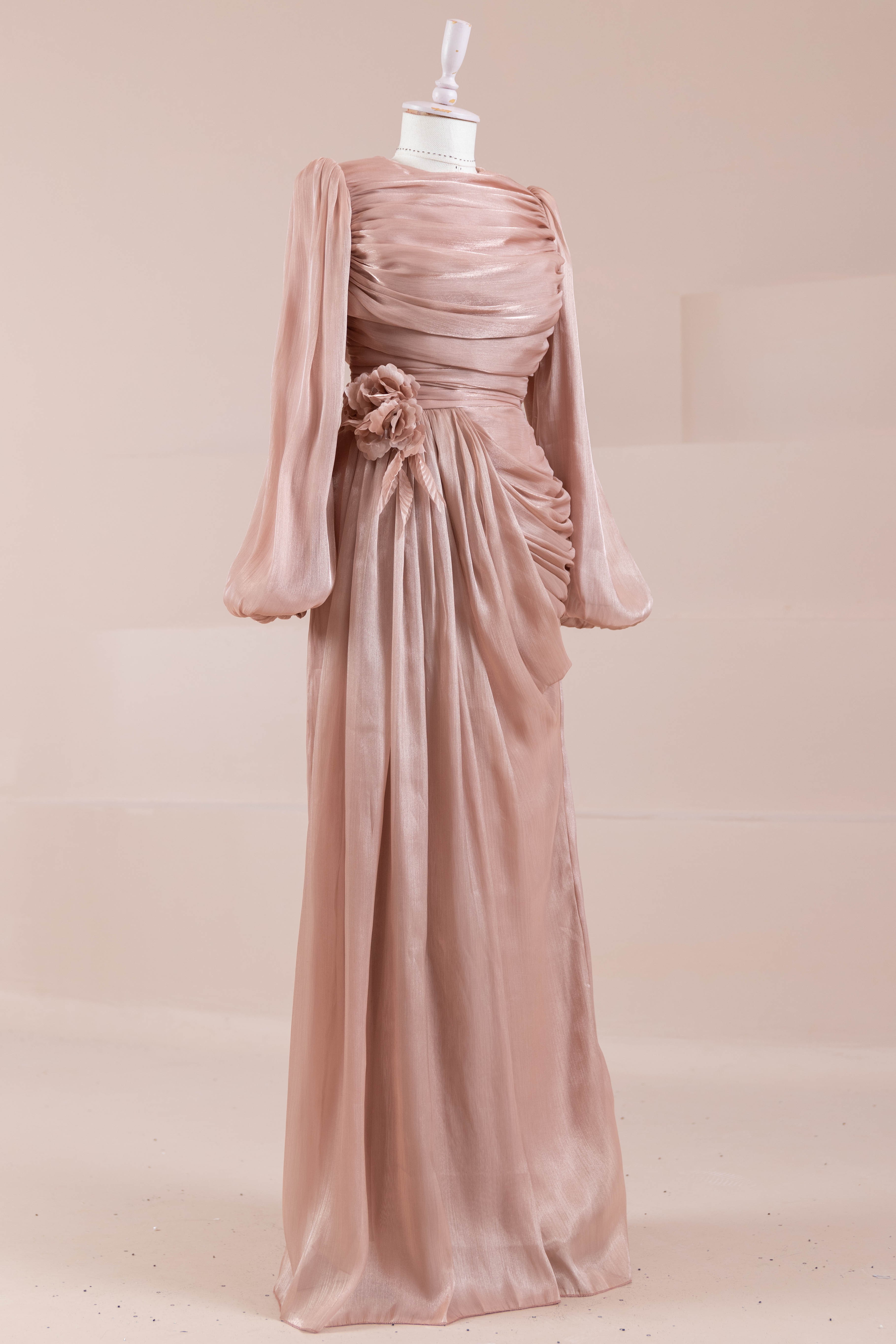 Çiçekli Lotus Tesettür Abiye - Salmon