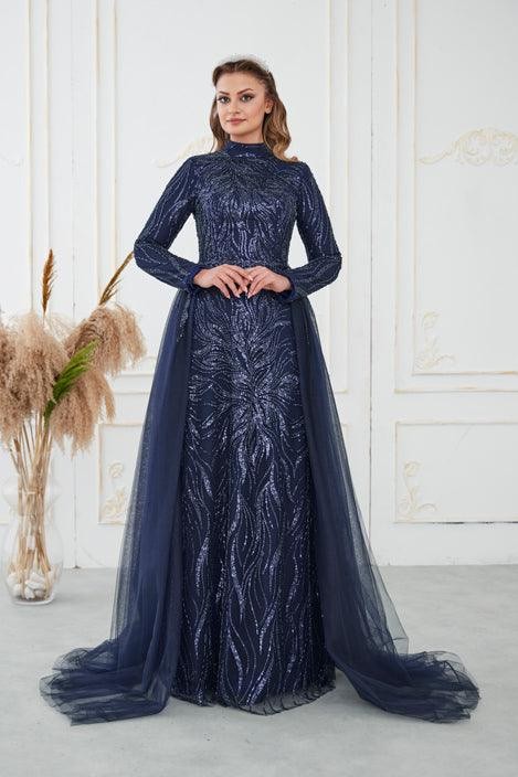 Liva Hijab Evening Dress - Navy Blue
