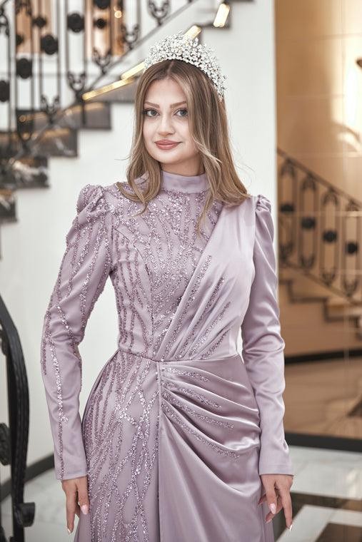 Helen Hijab Evening Dress - Powder