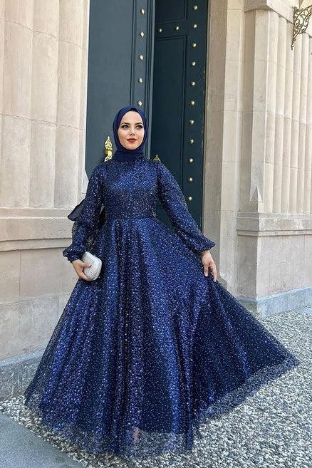 İnci Navy Blue Hijab Evening Dress
