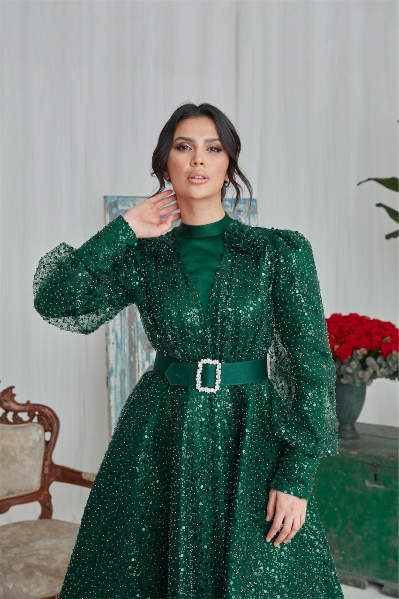 Flowers Hijab Evening Dress - Emerald