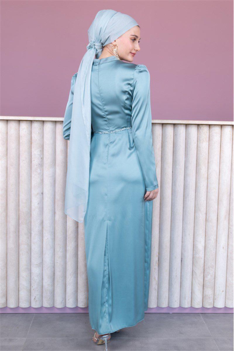 Elif Satin Hijab Evening Dress - Mint