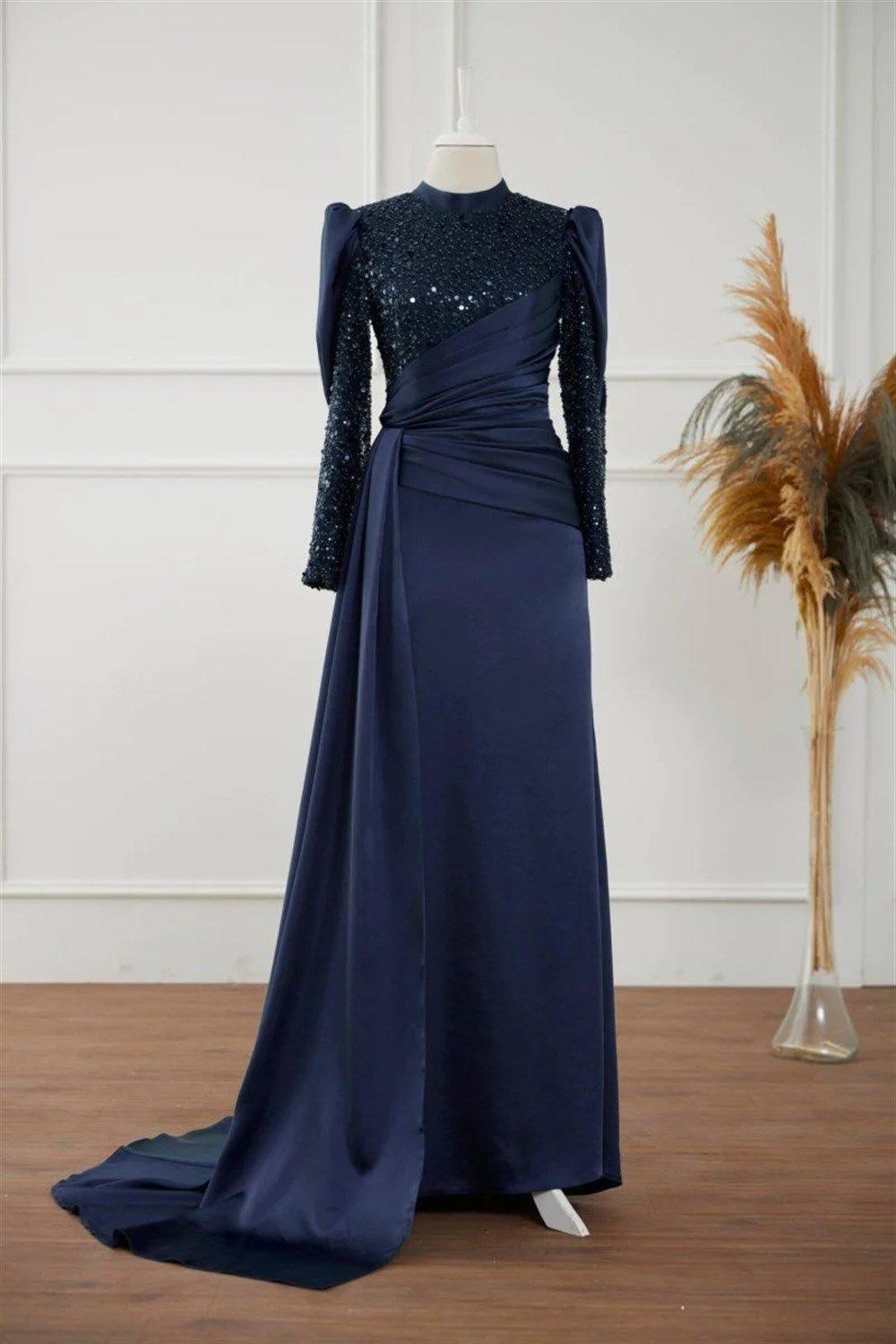 Karel Hijab Evening Dress - Navy Blue