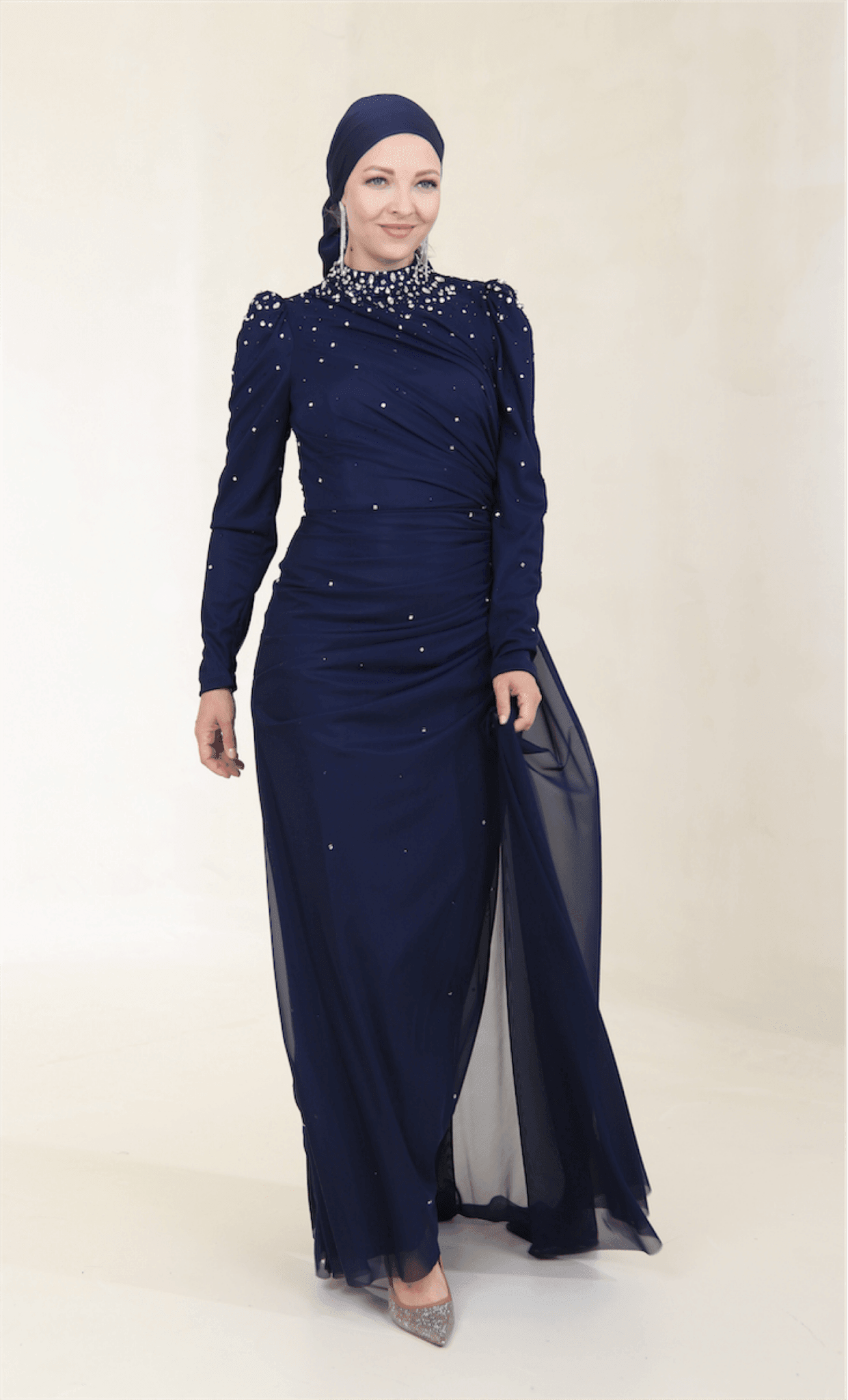 Stoneart Hijab Evening Dress - Navy Blue