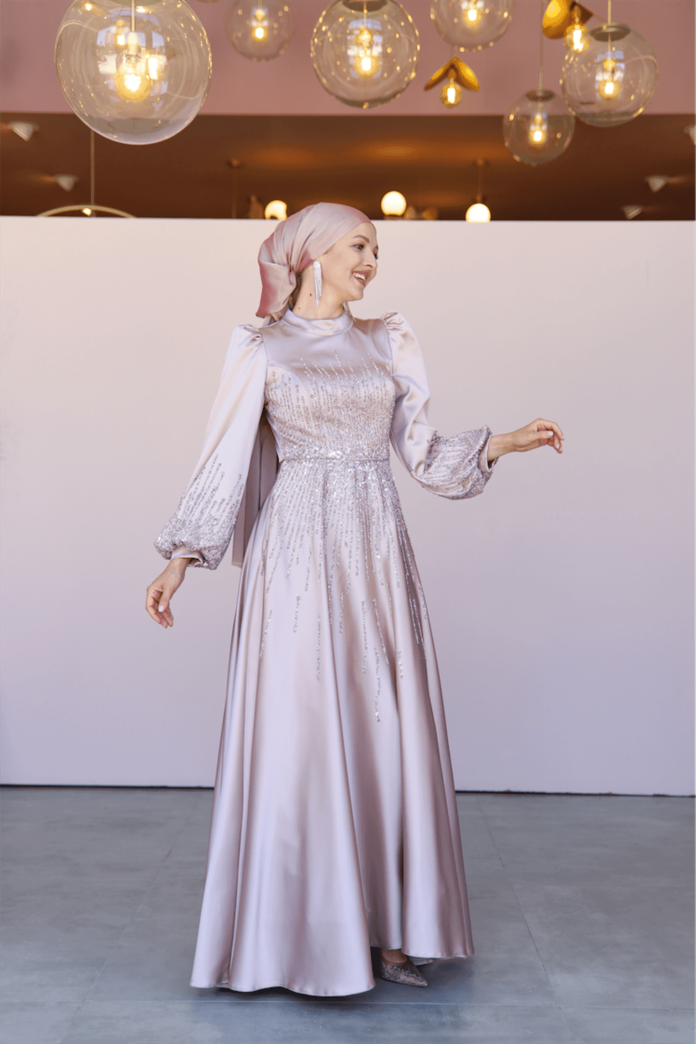 Water Hijab Evening Dress - Powder