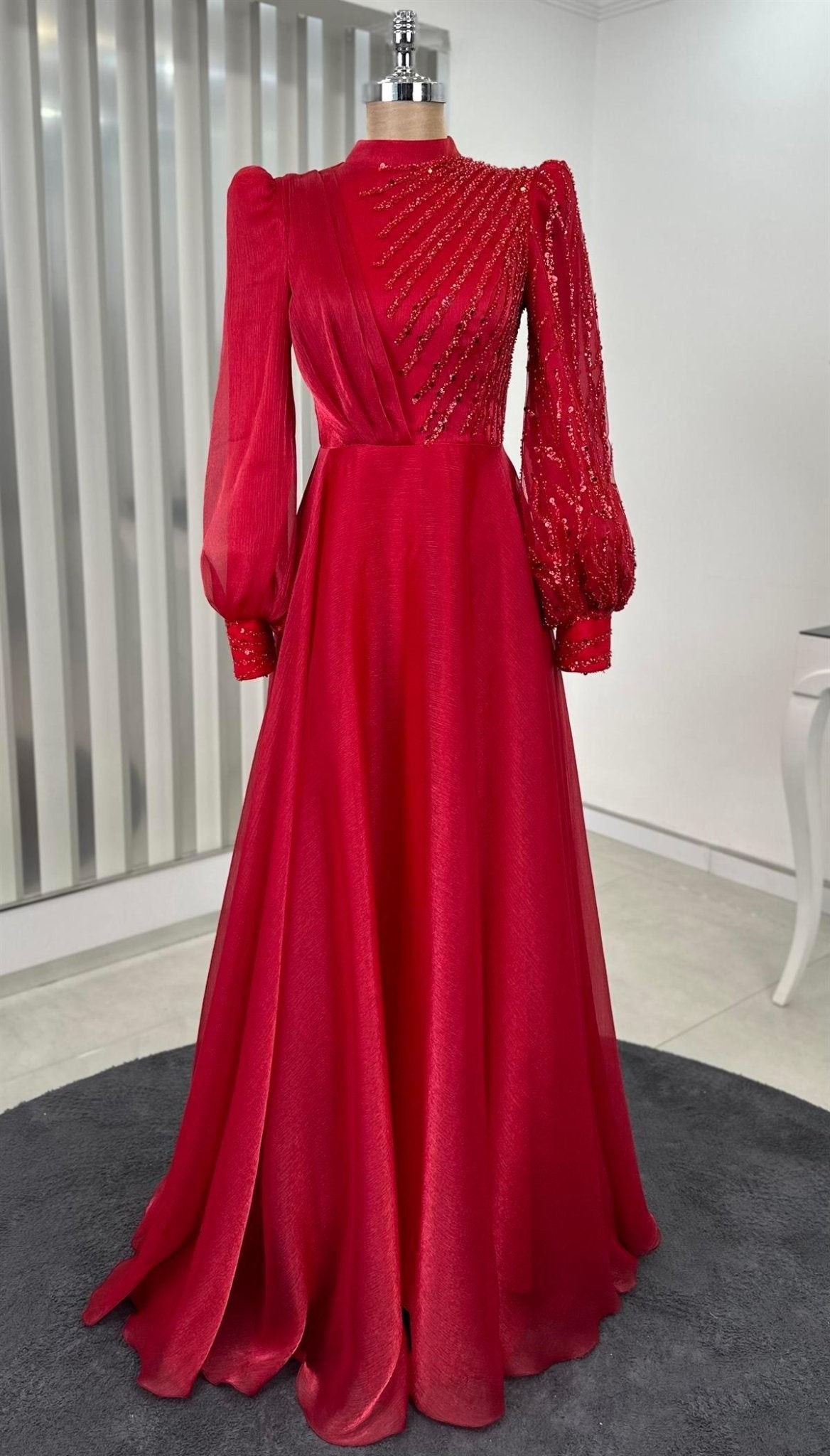 Organza Beaded Lace Embroidered Sun Hijab Evening Dress Red