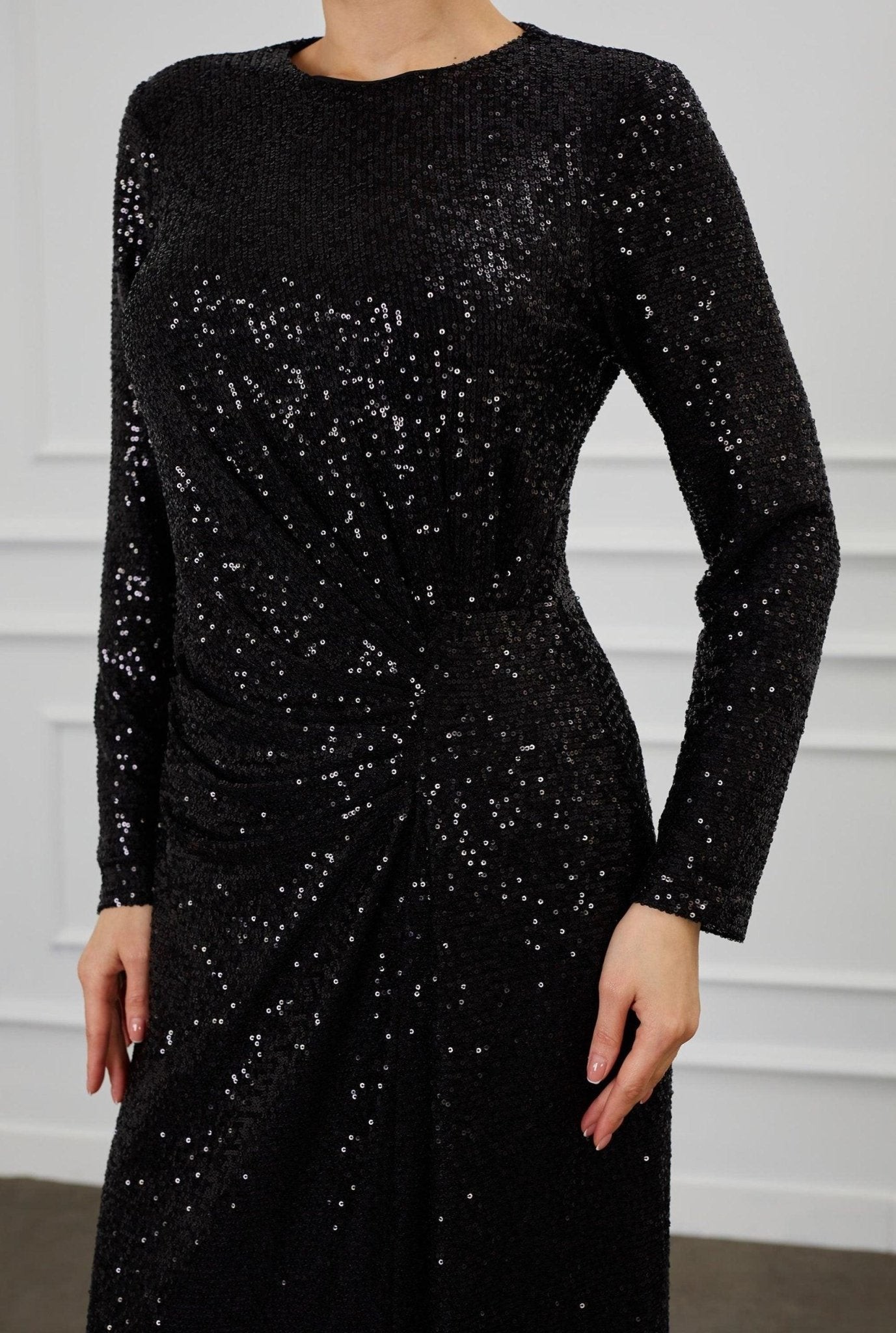 Black Sequined Gather Detail Hijab Dress