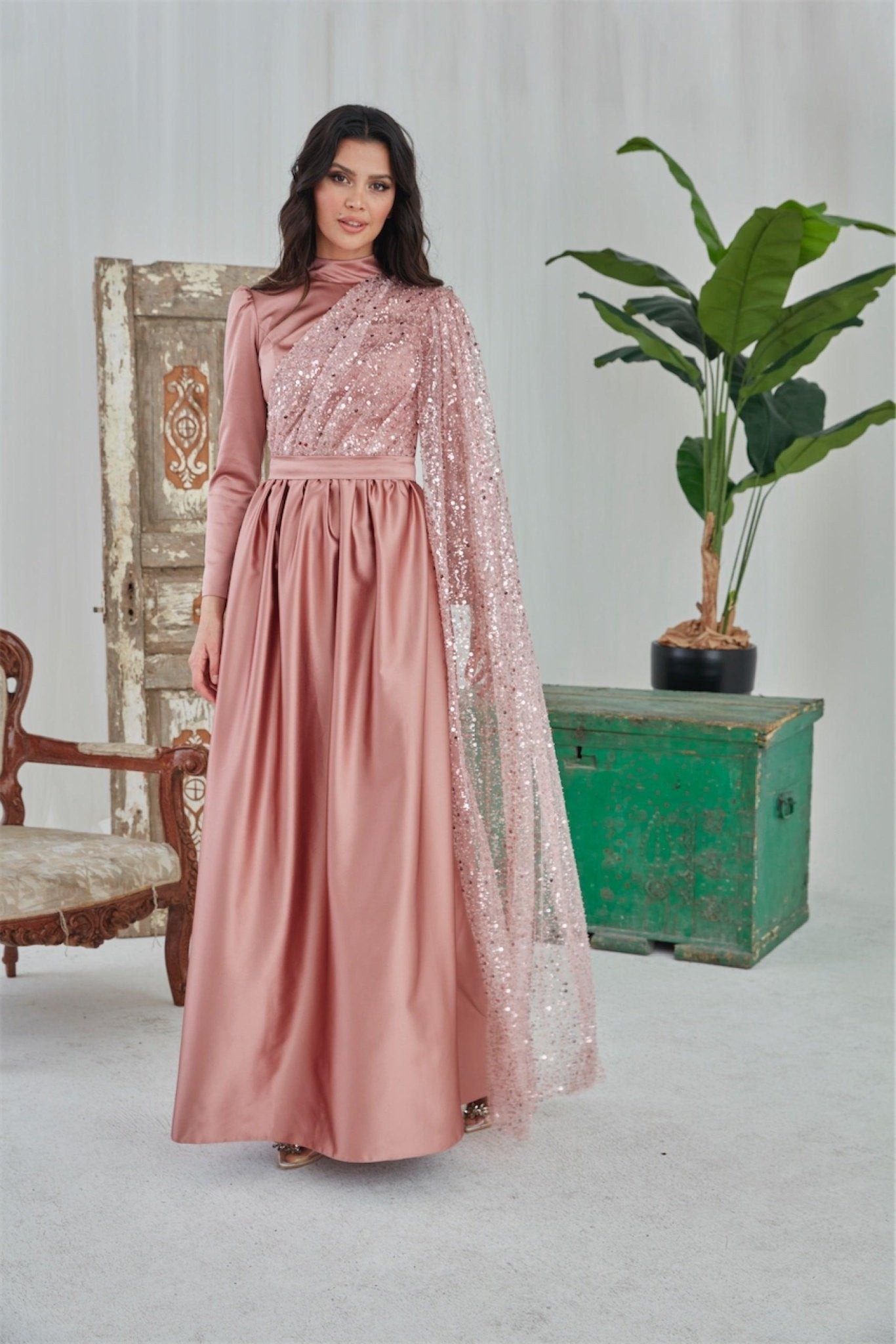 Estel Hijab Evening Dress - Powder