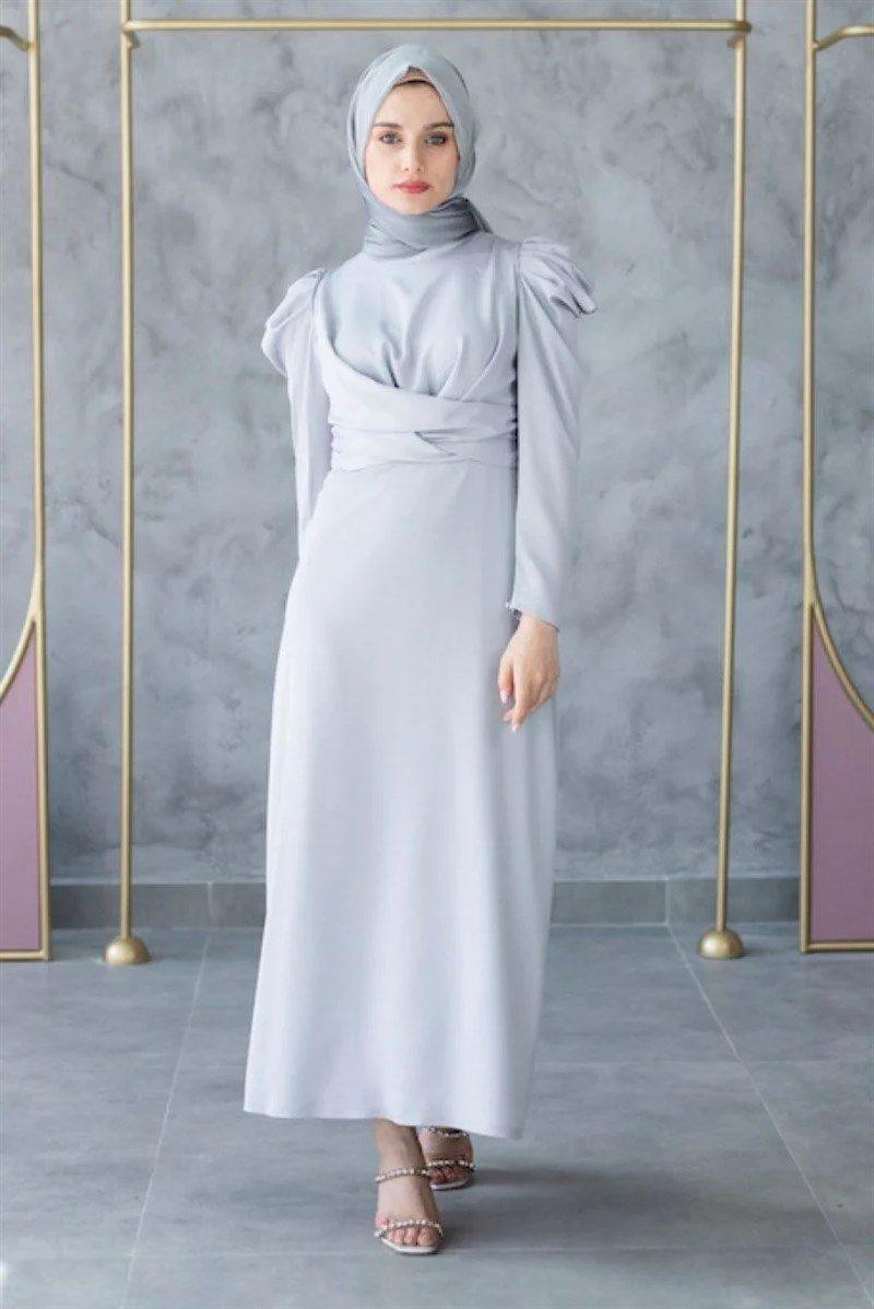 Bige Hijab Evening Dress - Gray