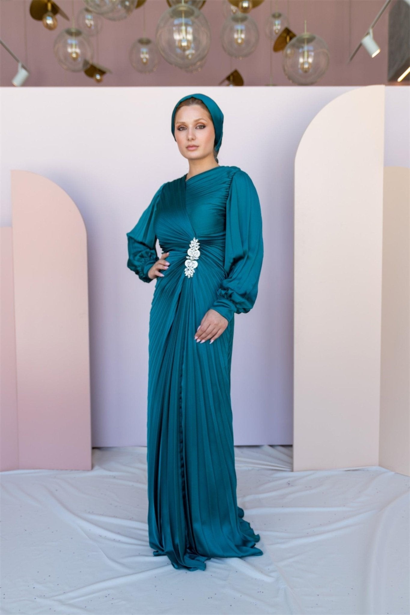 Pilise Hijab Evening Dress with Stone Waist