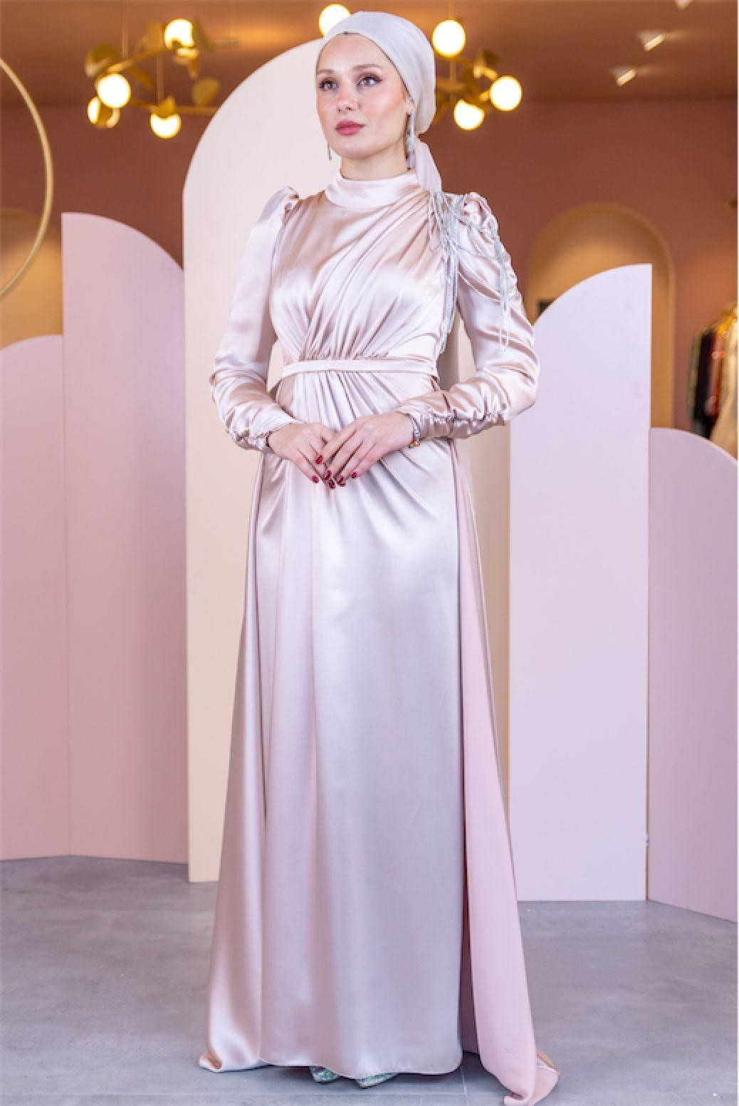 Maya Hijab Evening Dress - Powder