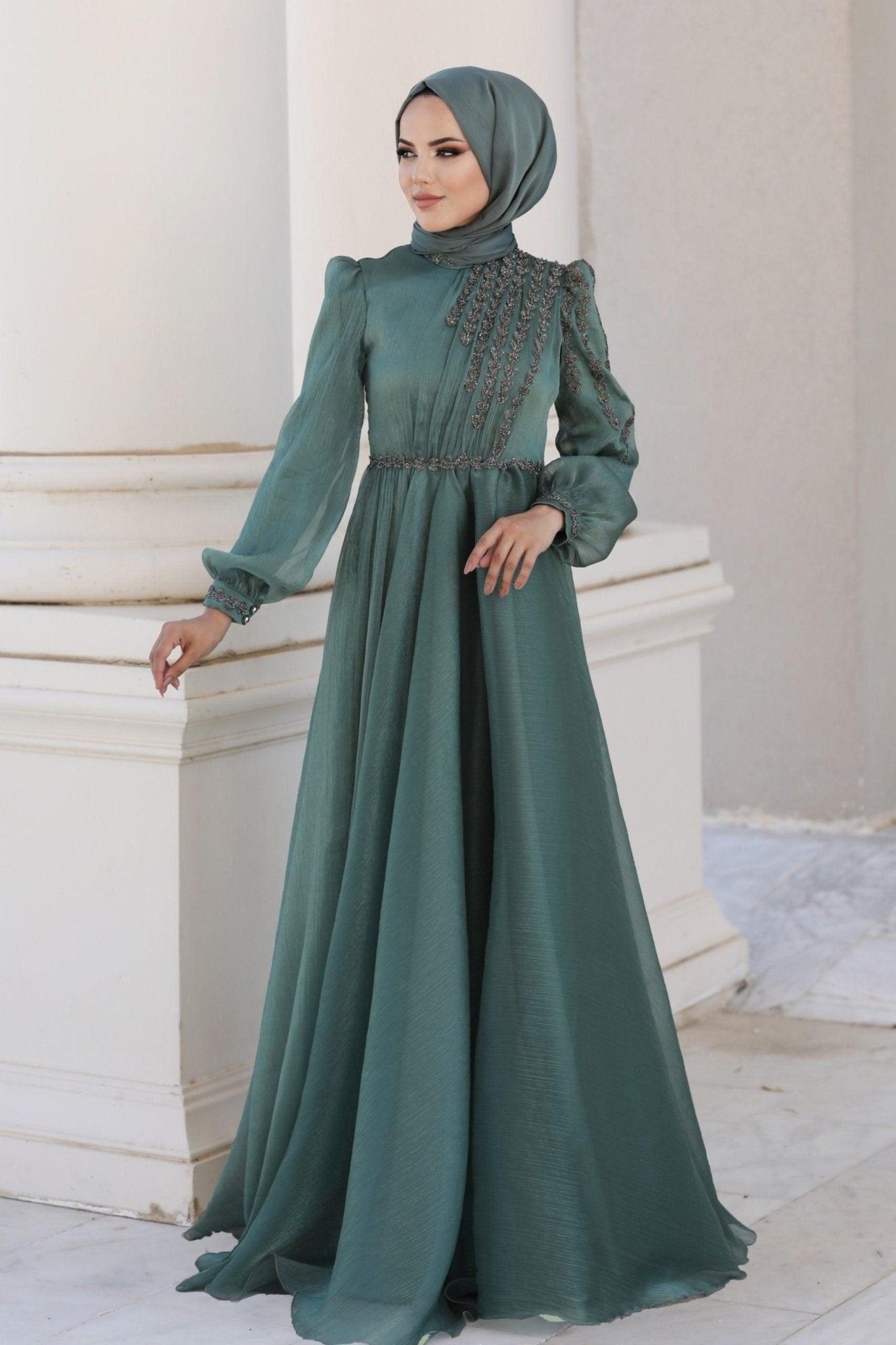 Helen Chiffon Hijab Evening Dress - Çağla