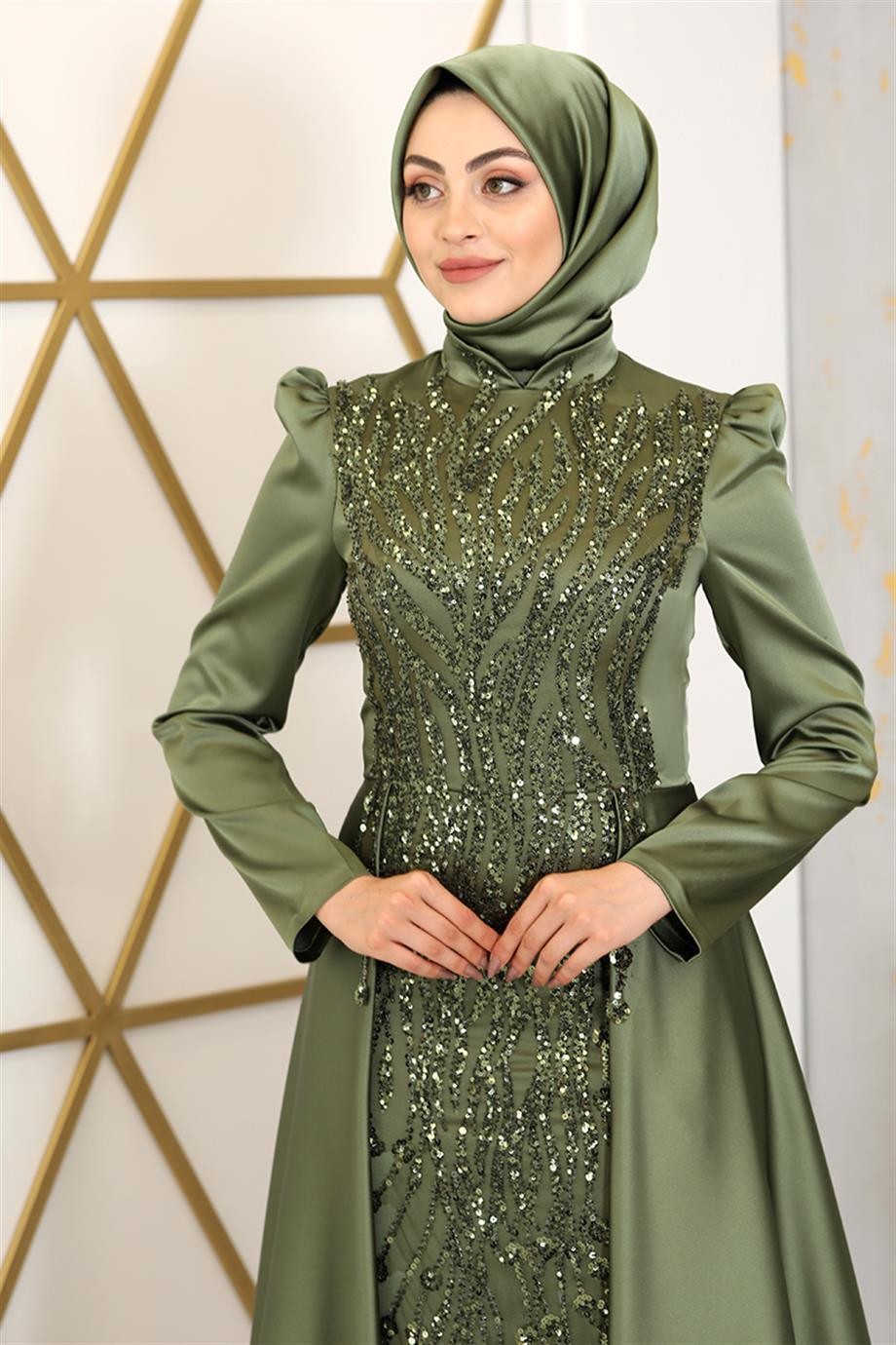 Damla Hijab Evening Dress Khaki
