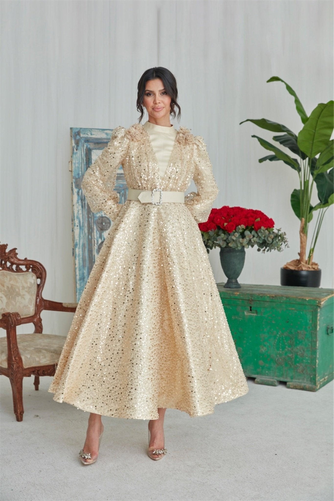 Blumen Hijab Abendkleid – Gold