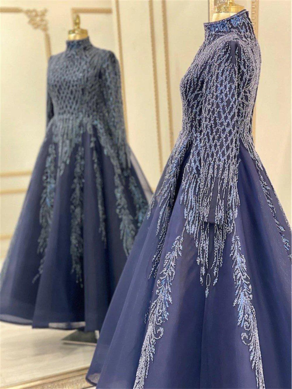 Cute Hijab Evening Dress - Navy Blue