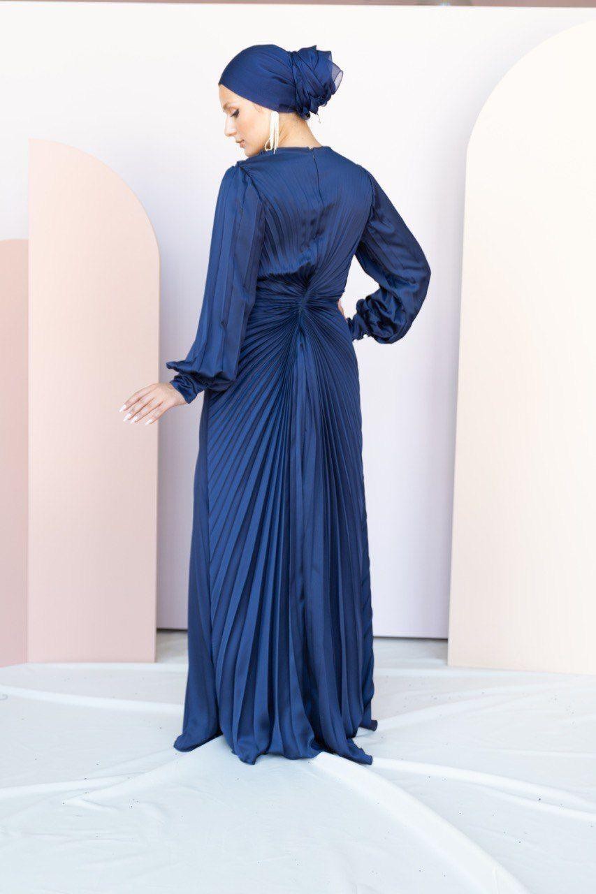 Pilise Hijab Evening Dress with Stone Waist - Navy Blue