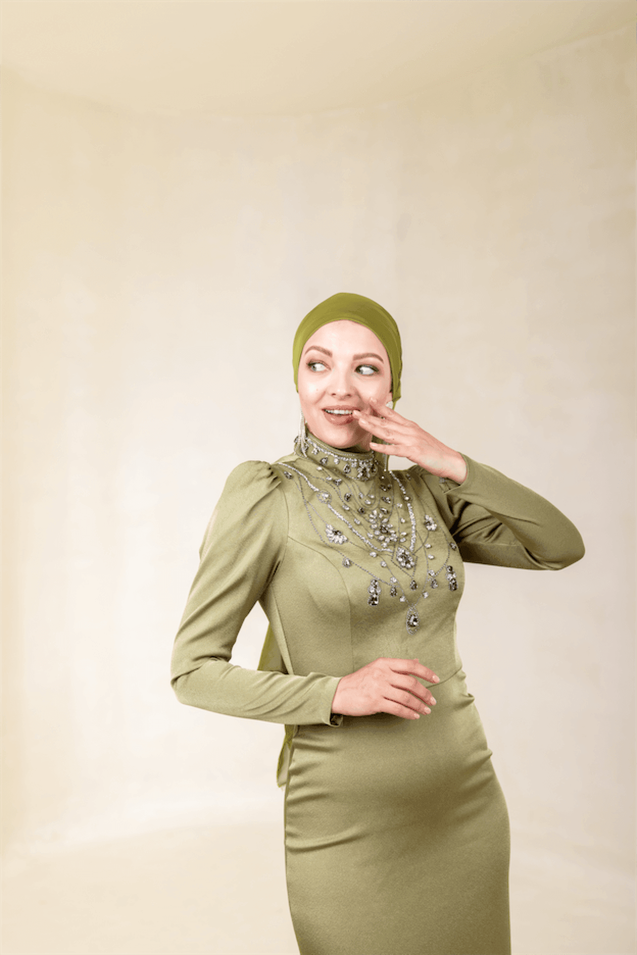 Irene Hijab Evening Dress - Oil Green