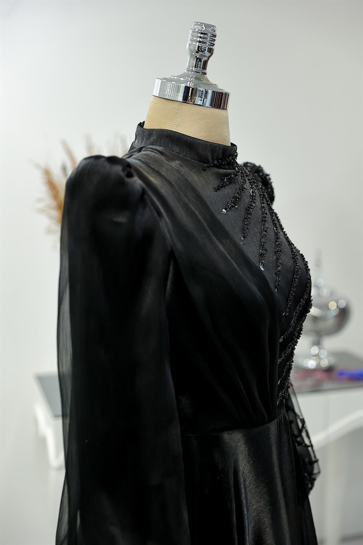 Organza Beaded Lace Embroidered Sun Hijab Evening Dress Black