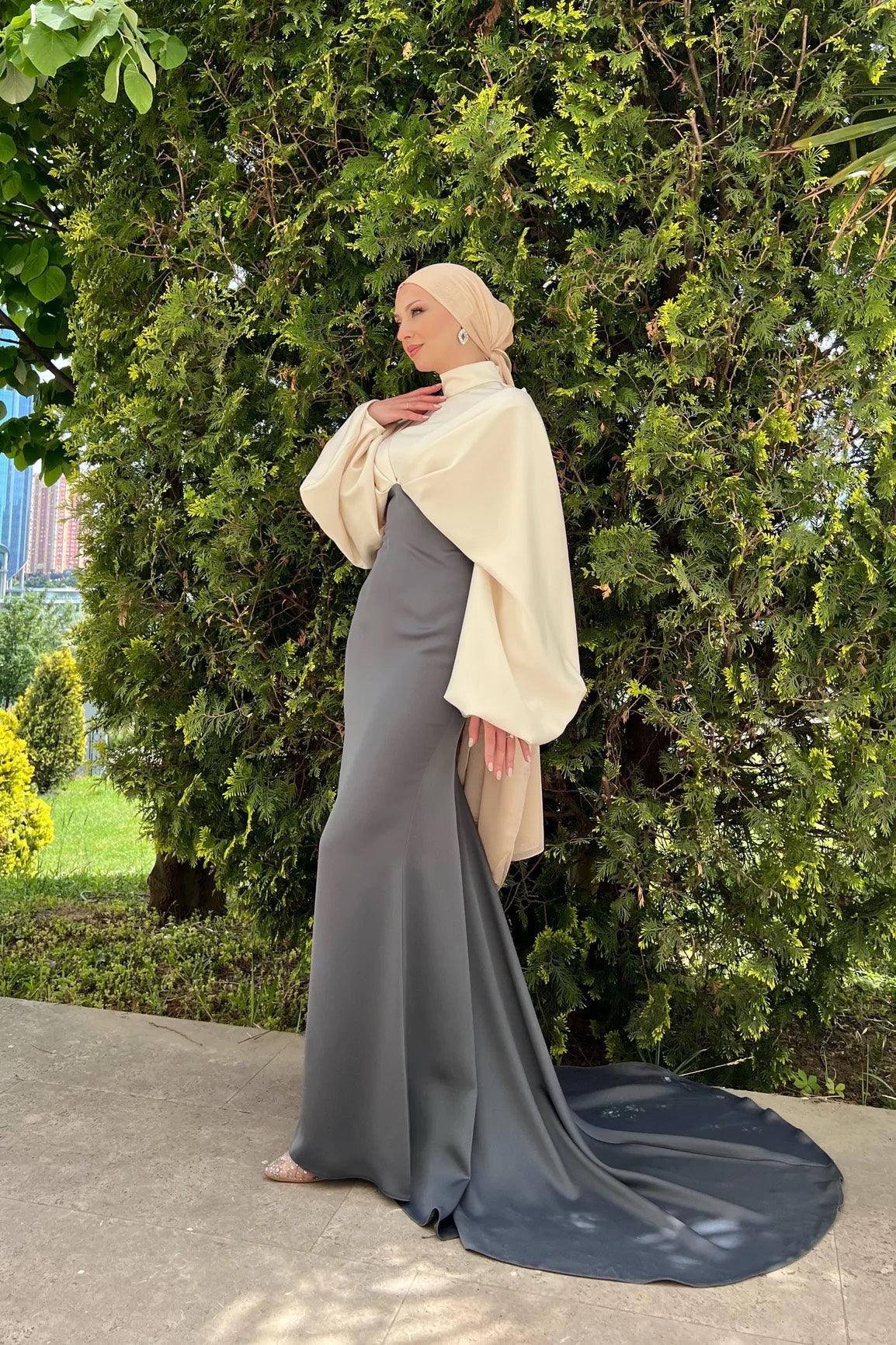 Serra Hijab Evening Dress - Cream & Anthracite