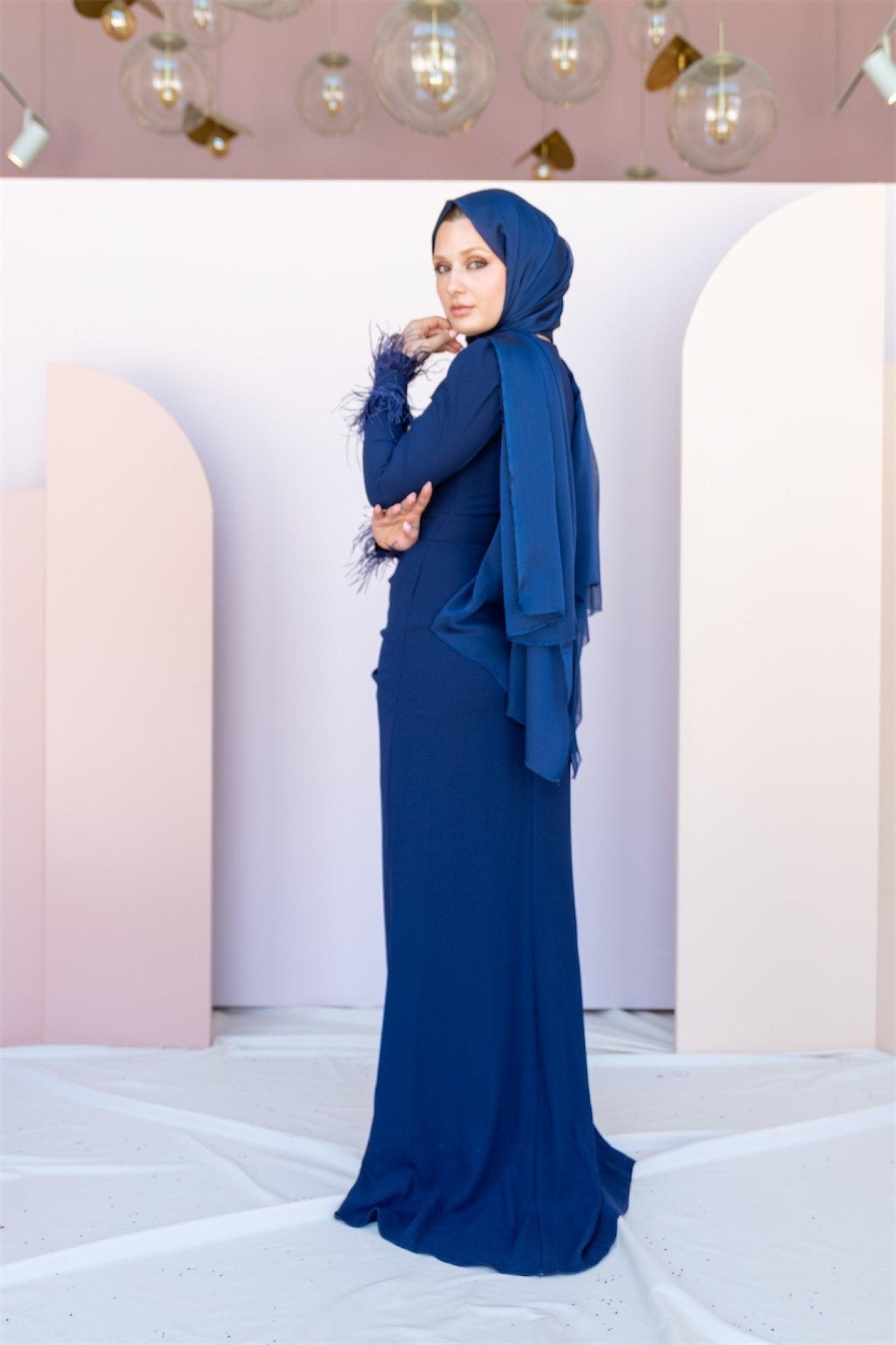 Draped Hijab Evening Dress with Feathered Sleeves