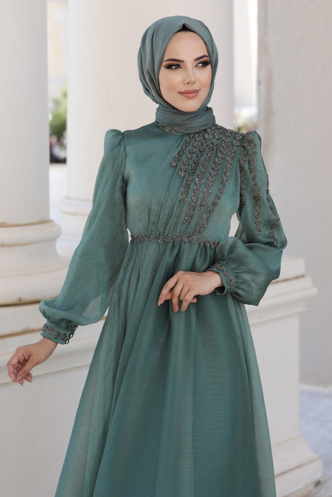 Helen Chiffon Hijab Evening Dress - Çağla