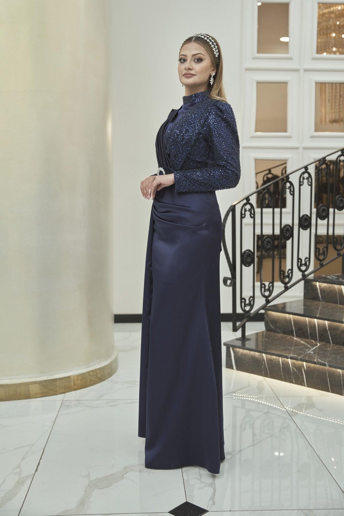 Silk Hijab Evening Dress - Navy Blue