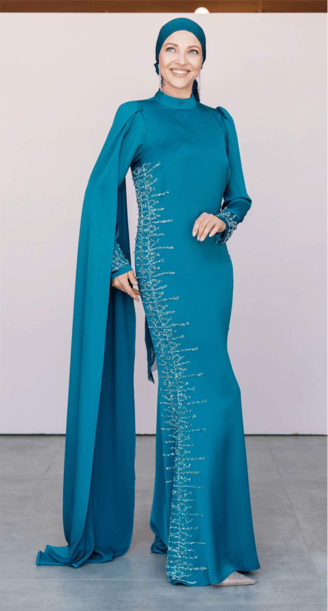 One Shoulder Cape Hijab Evening Dress - Petrol