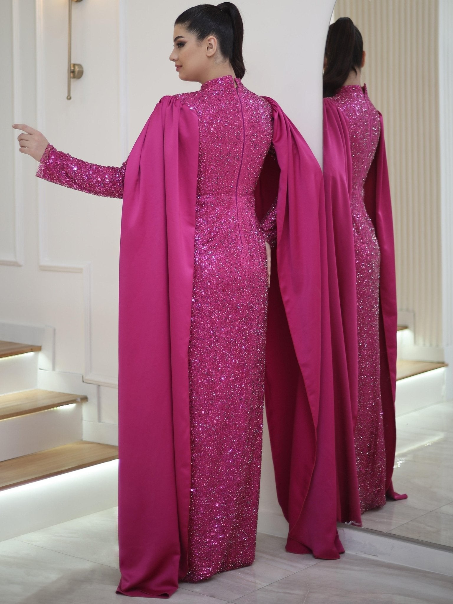 Mother of Pearl Hijab Evening Dress - Fuchsia