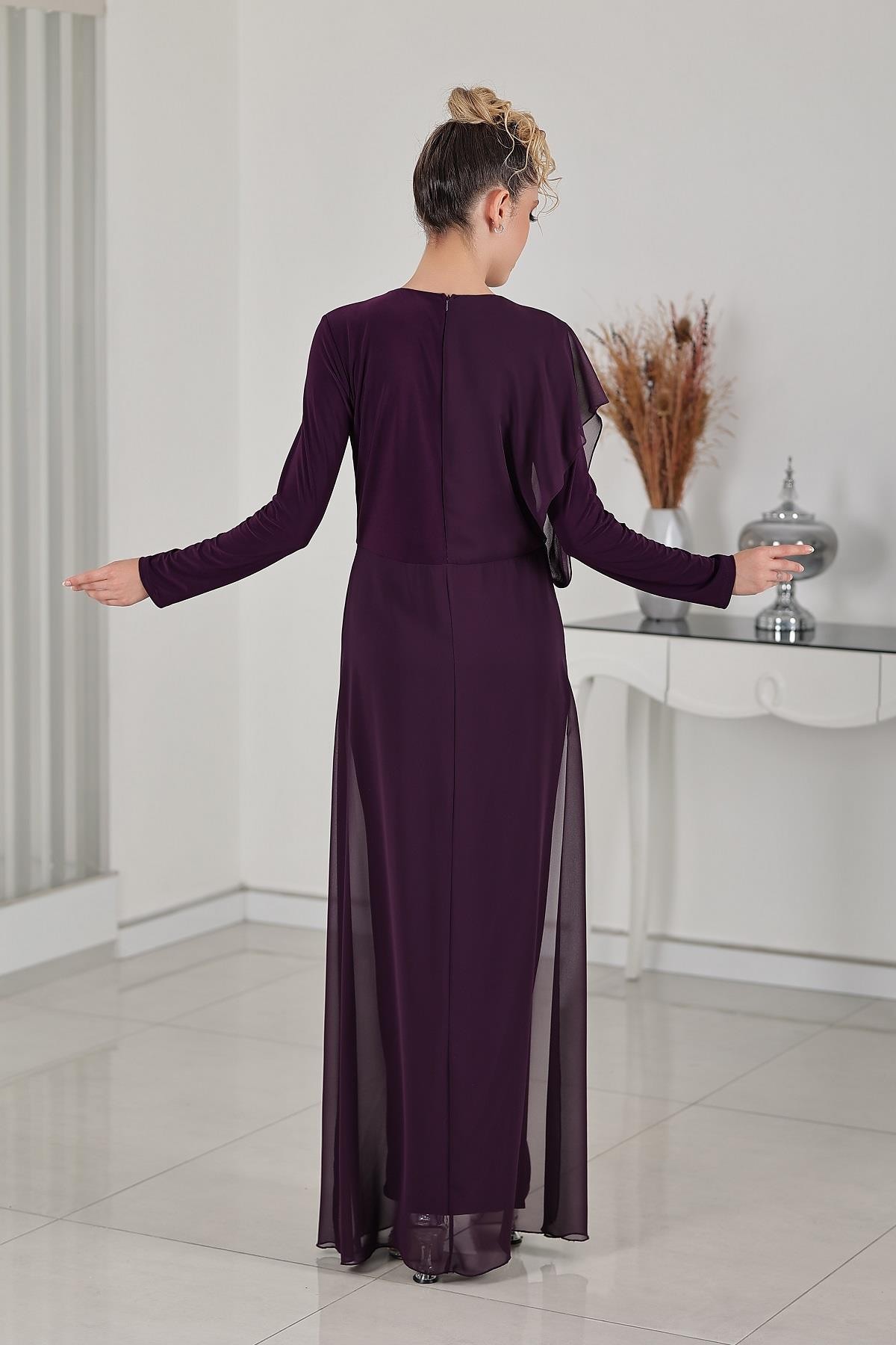 Stone Detailed Chiffon Zeren Hijab Jumpsuit Plum
