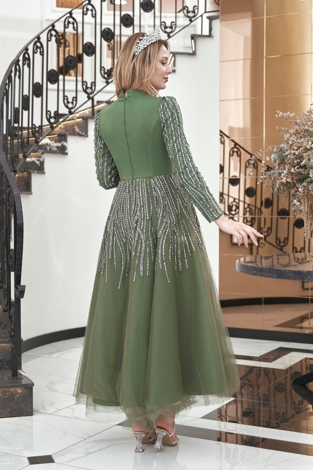Anna Midi Stoned Hijab Evening Dress Khaki