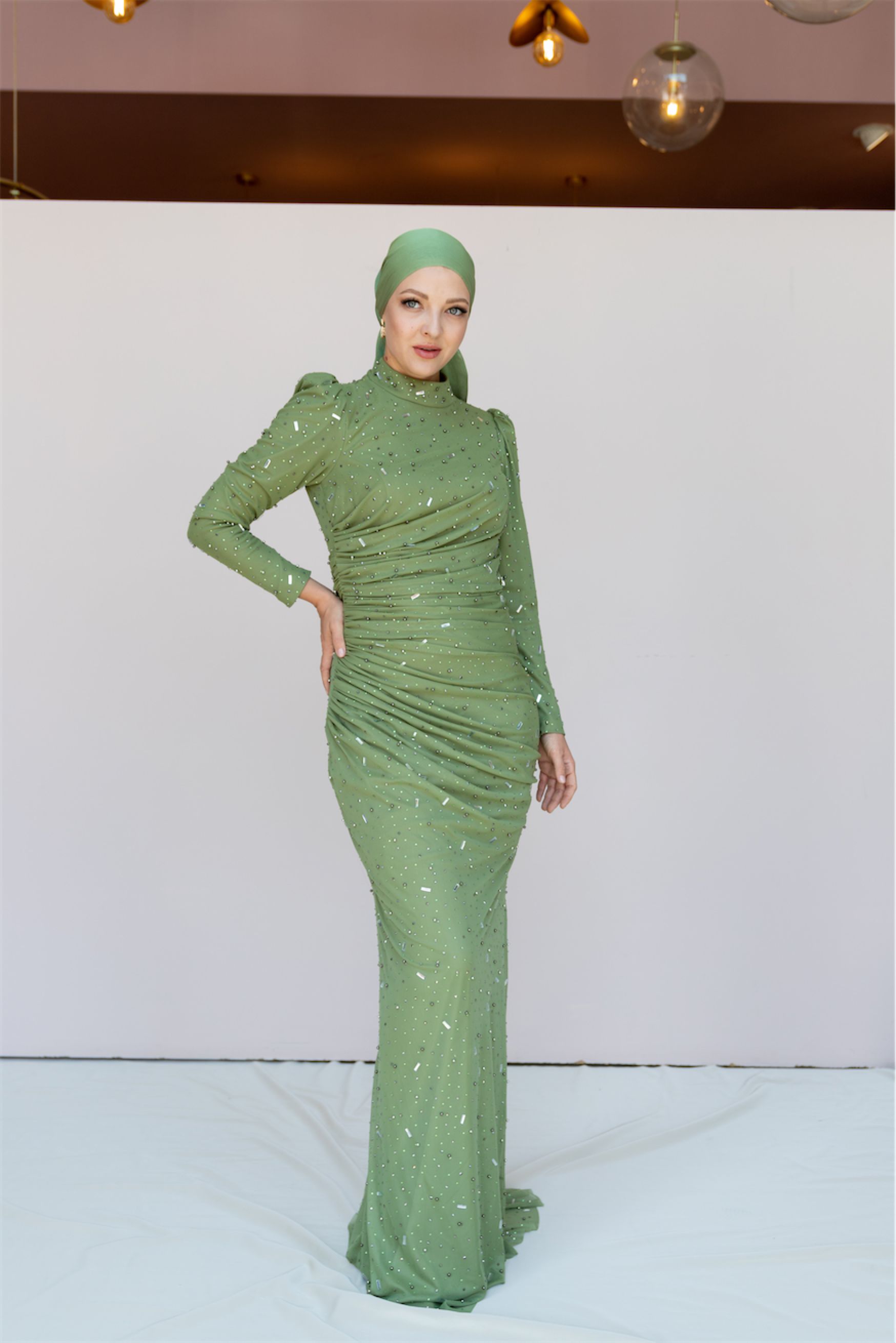 Stone Hijab Evening Dress - Black - Green