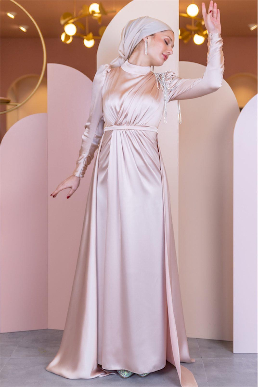 Maya Hijab Evening Dress - Powder