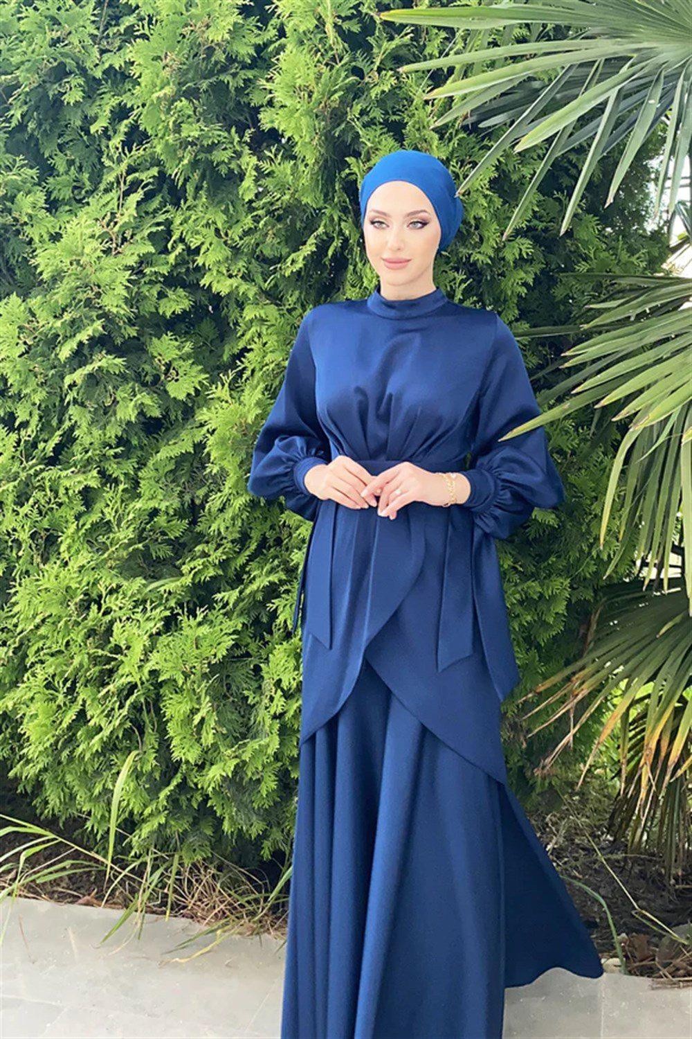 Afra Hijab Evening Dress - Navy Blue