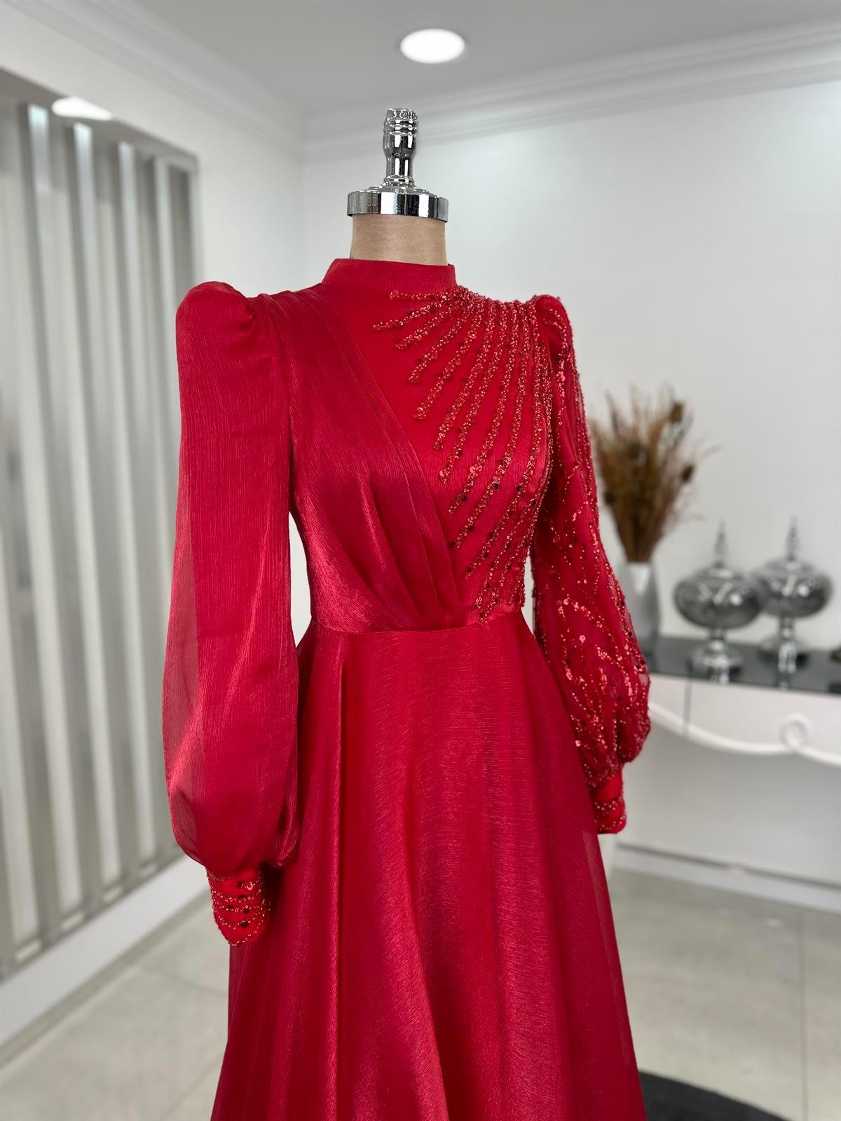 Organza Beaded Lace Embroidered Sun Hijab Evening Dress Red