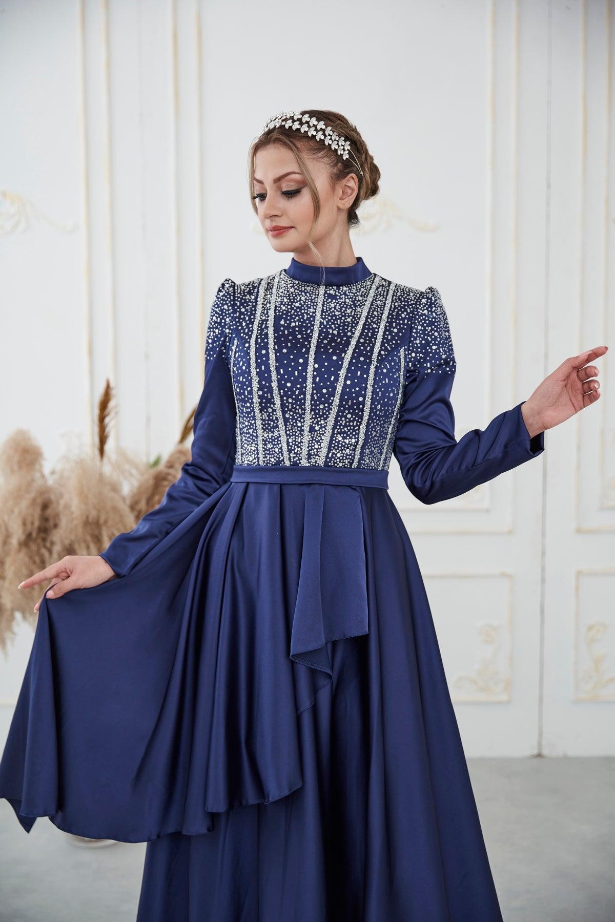 Fiona Hijab Evening Dress - Navy Blue