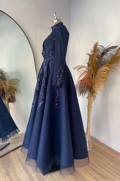 Sude Fluffy Hijab Evening Dress - Navy Blue