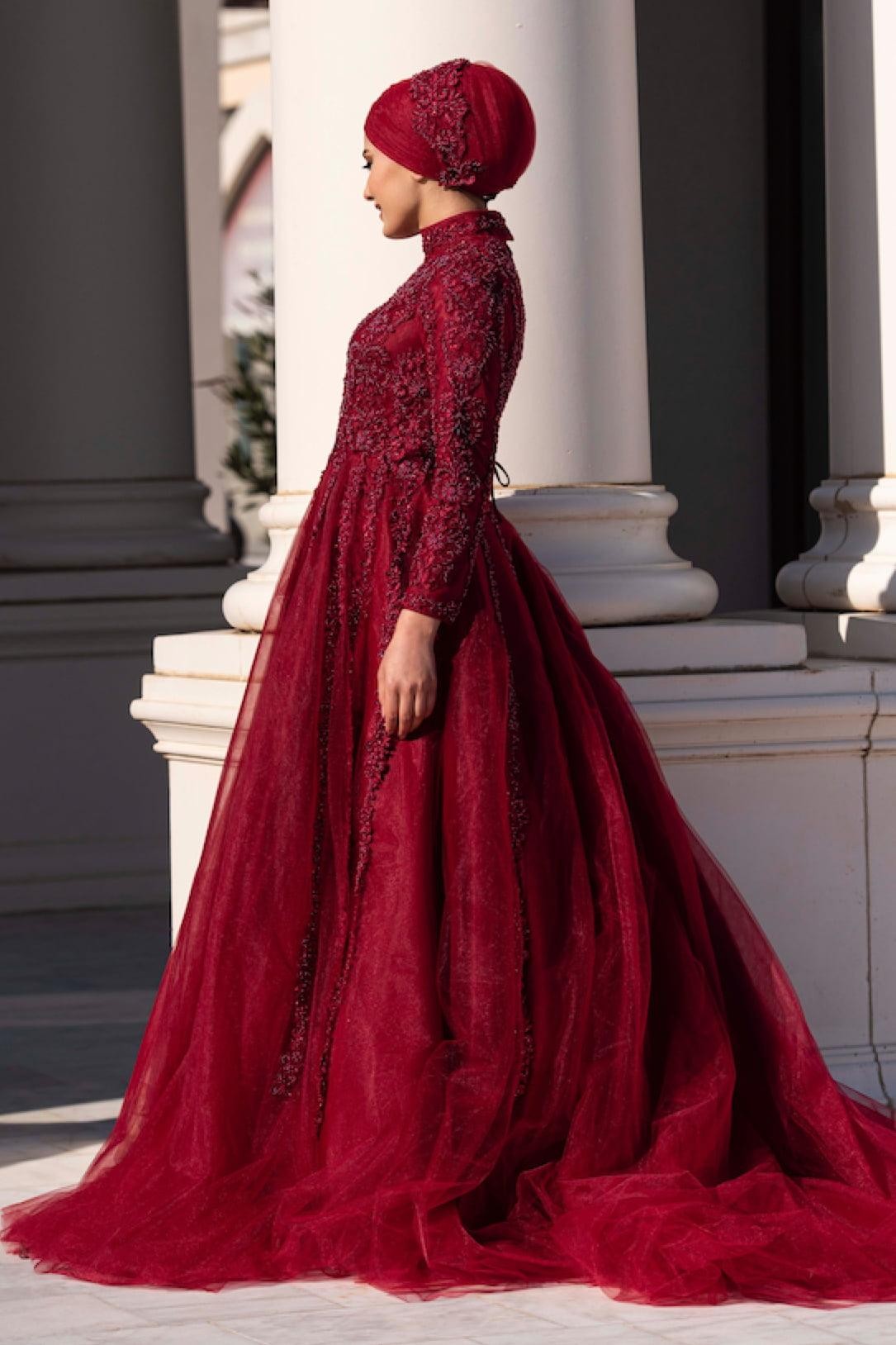 Siena Hijab Evening Dress - Claret Red