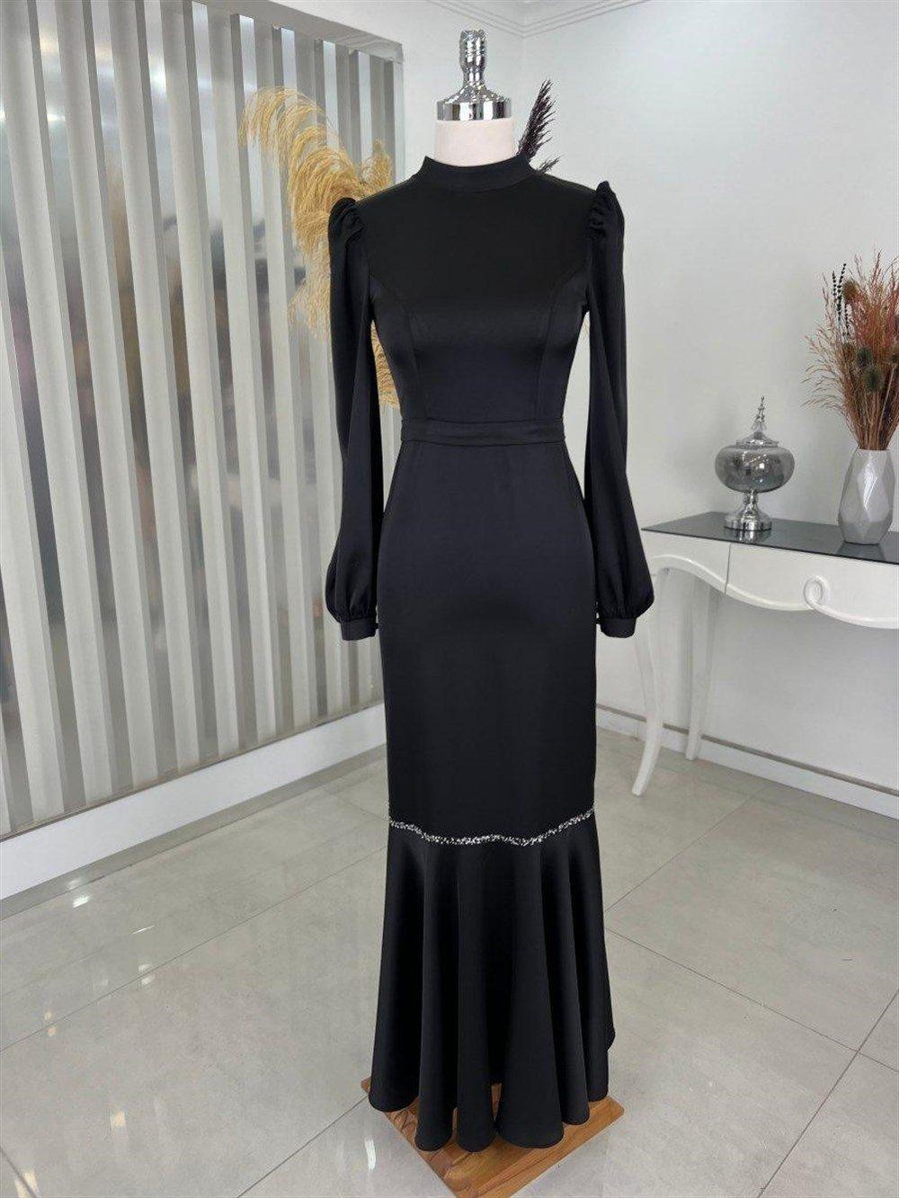 Sena Satin Hijab Evening Dress - Black