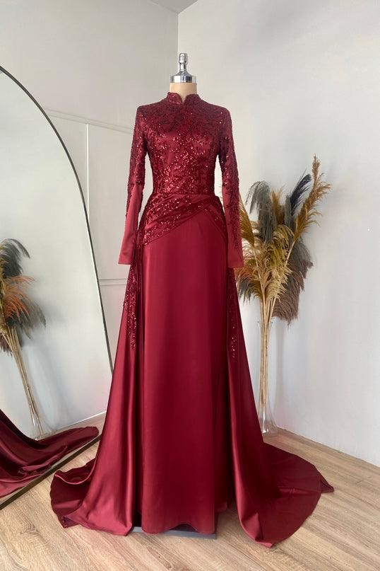 Mina Hijab Evening Dress - Claret Red