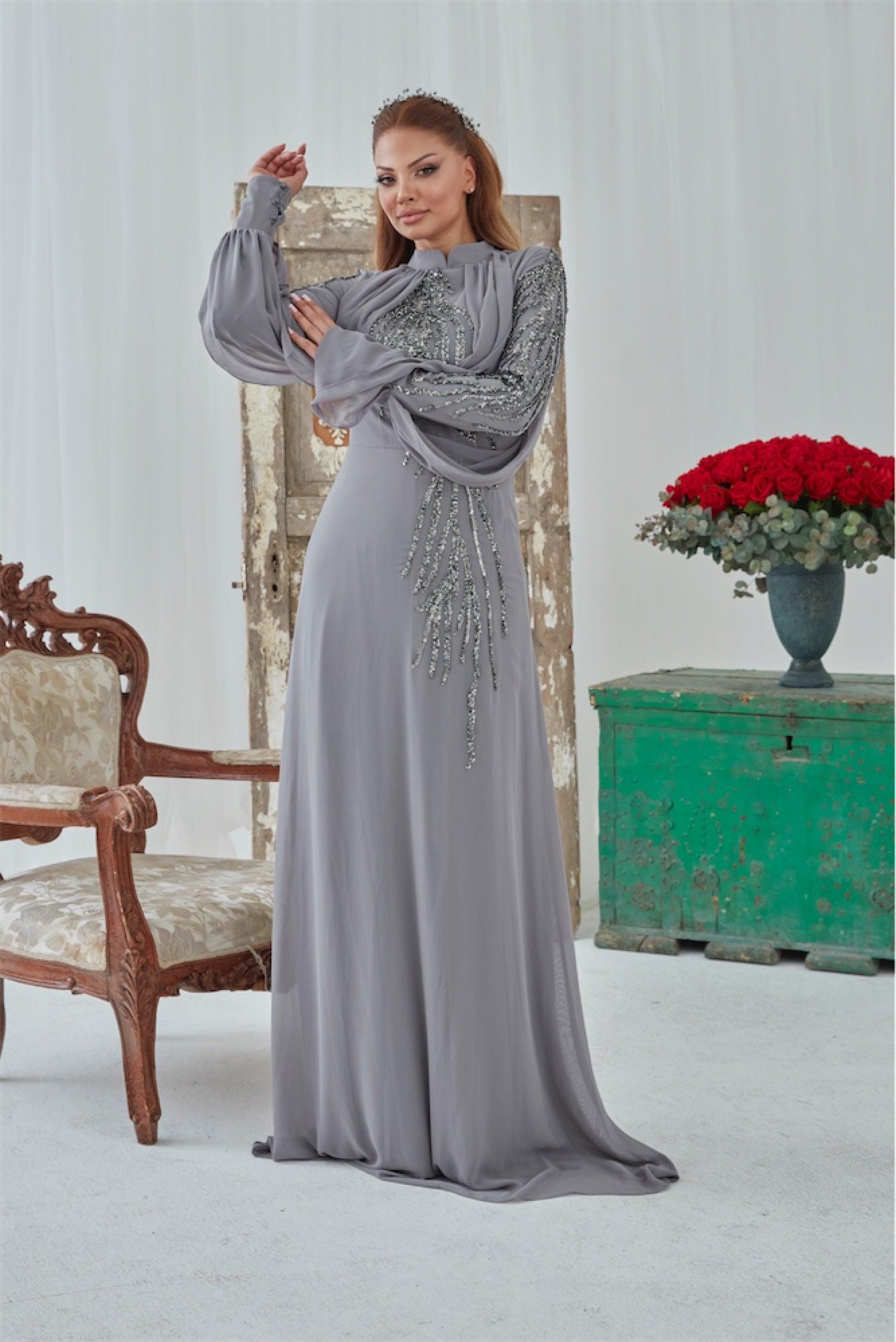 Nalan Hijab Abendkleid – Grau