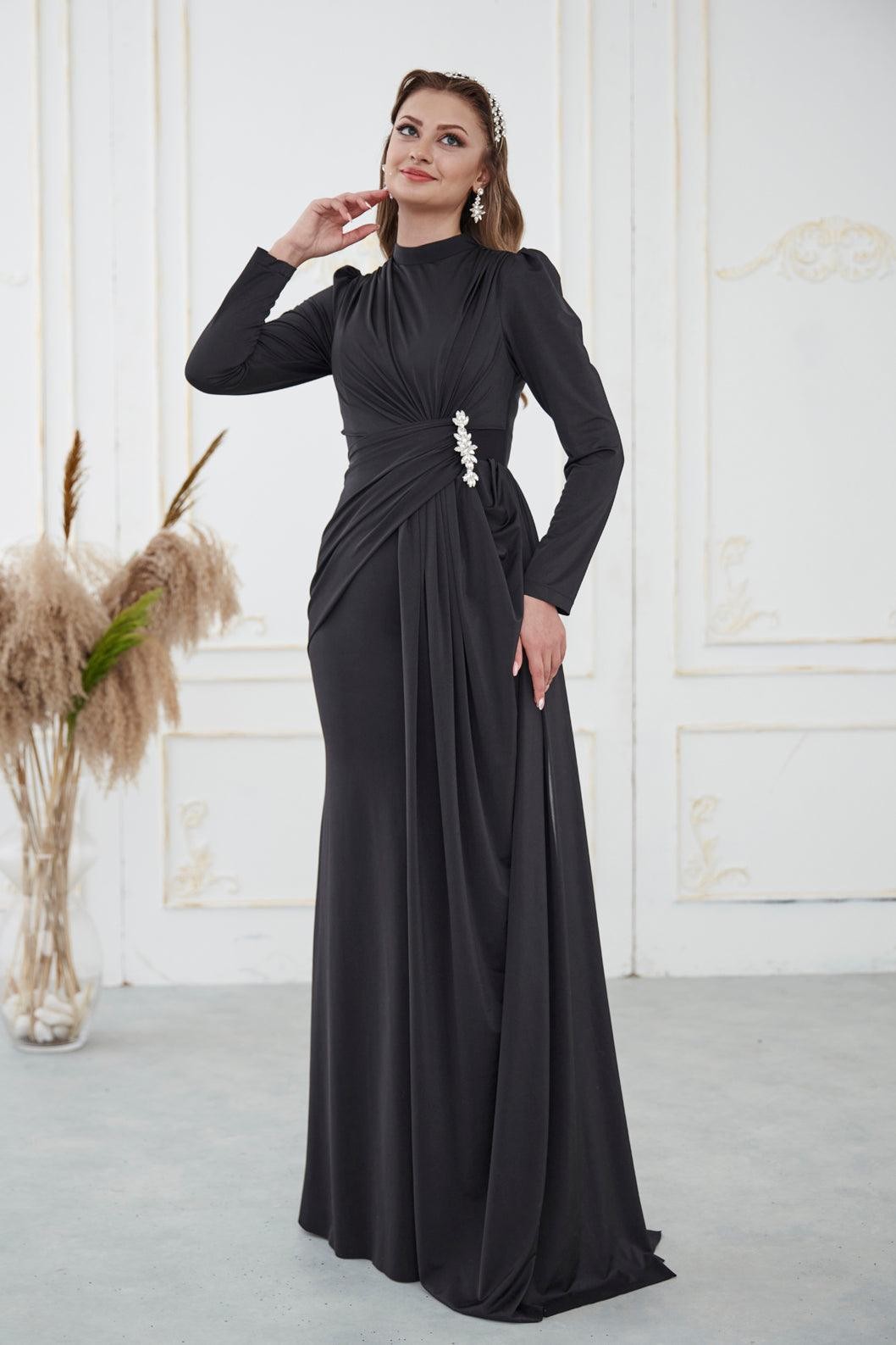 Simay Hijab Evening Dress - Black