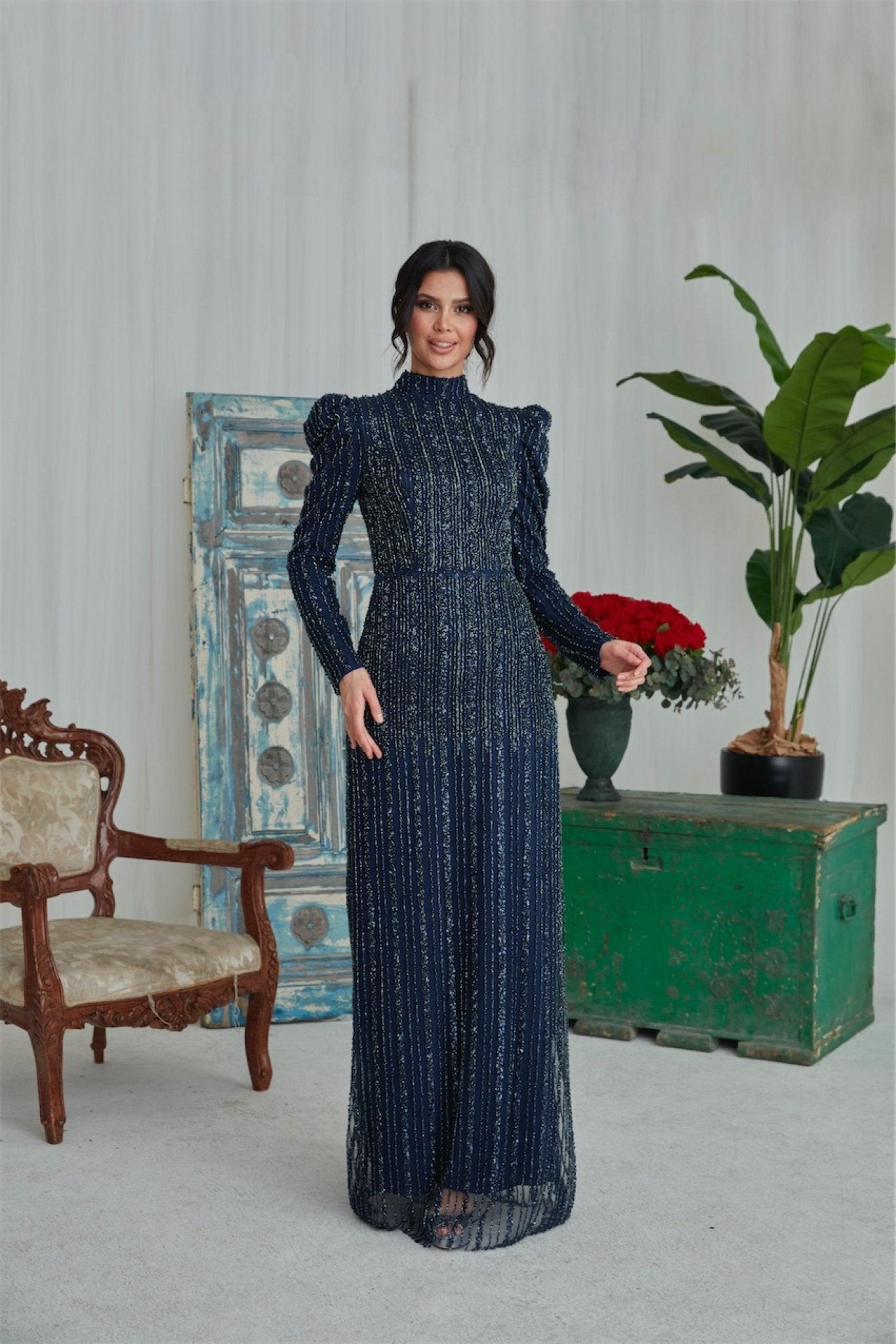 Karin Hijab Evening Dress - Navy Blue