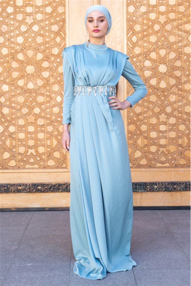 Stone Waist Hijab Evening Dress - Mint