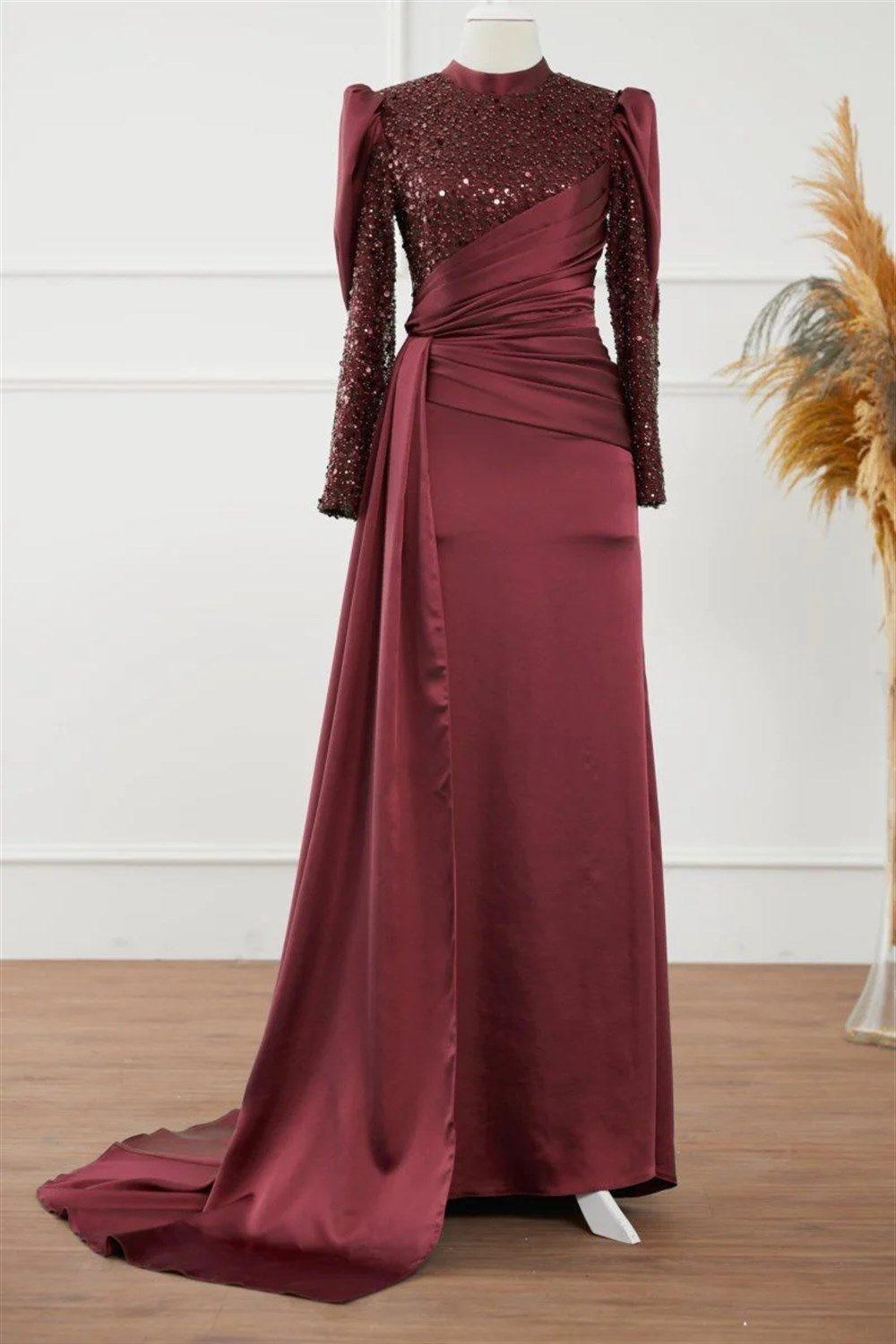 Karel Hijab Evening Dress - Claret Red