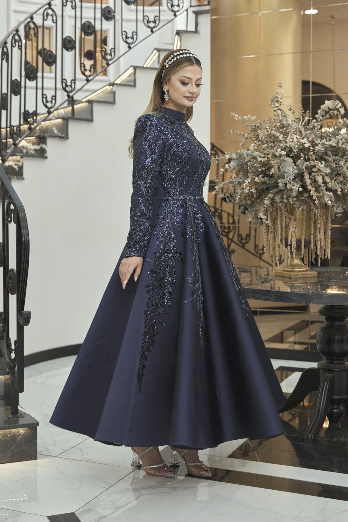 Güzin Hijab Evening Dress - Navy Blue