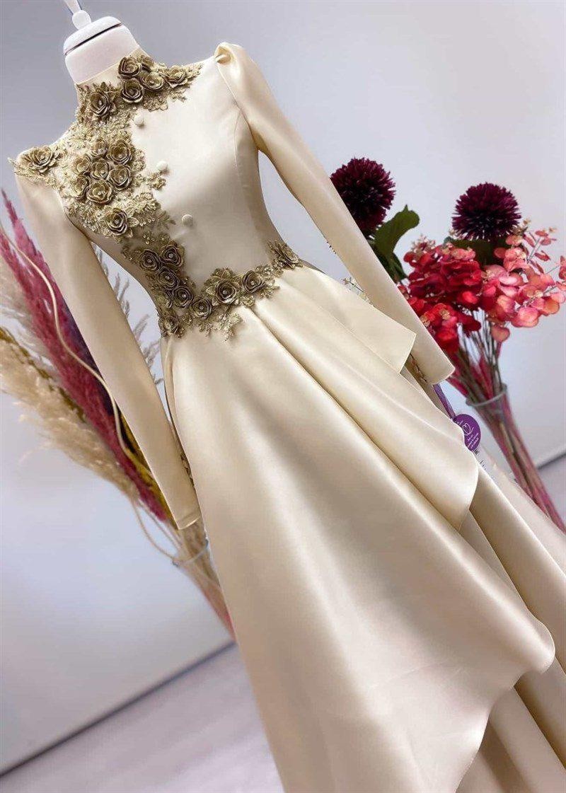 Pearl Hijab Evening Dress - Gold