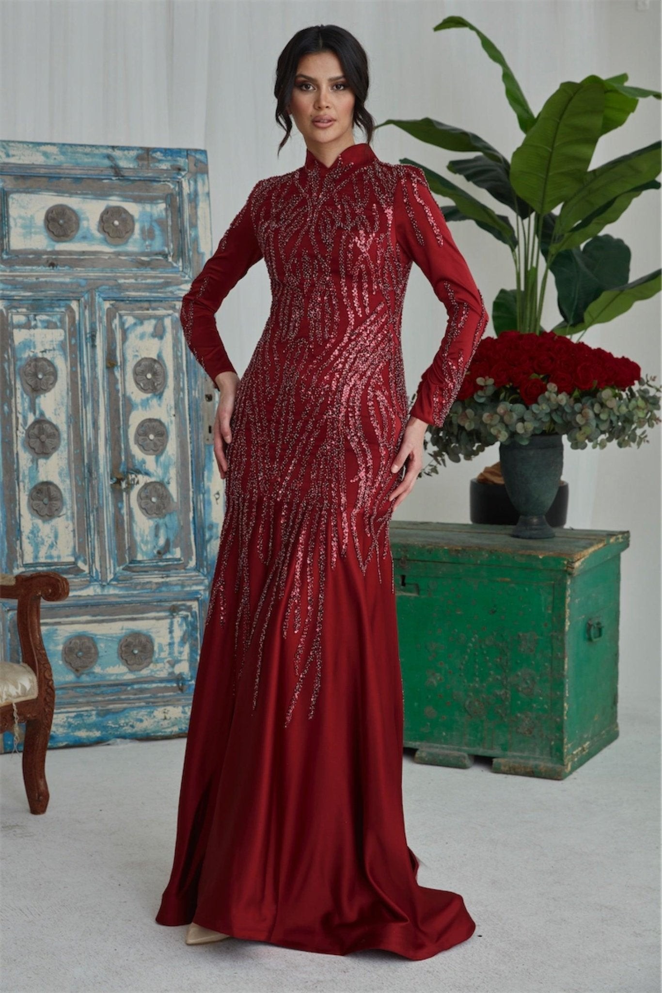 Katia Hijab-Abendkleid – Weinrot