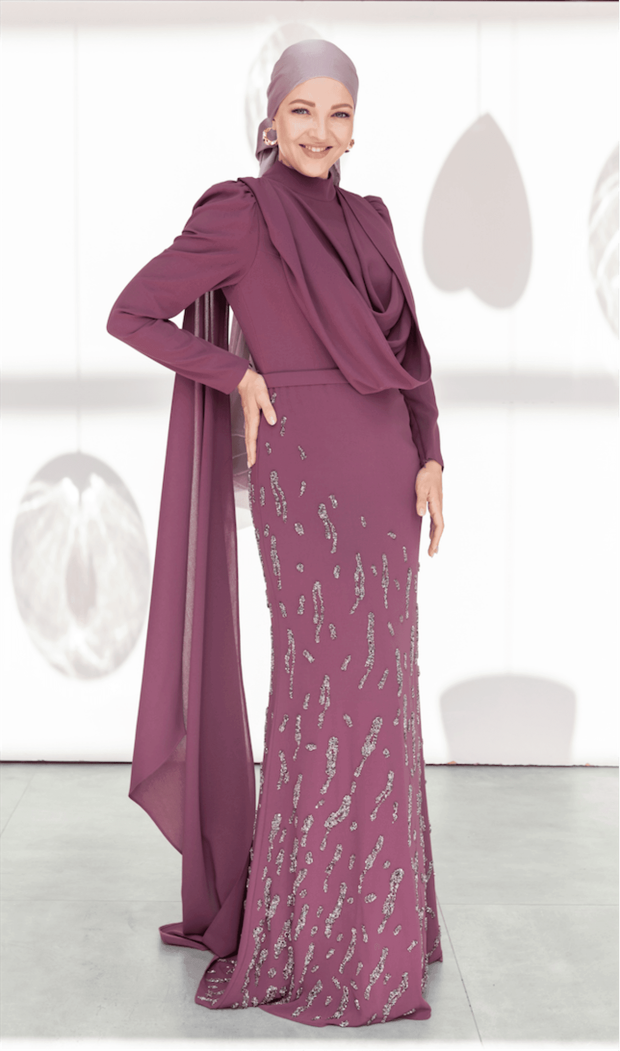 Lace Collar Hijab Evening Dress with Shawl - Plum