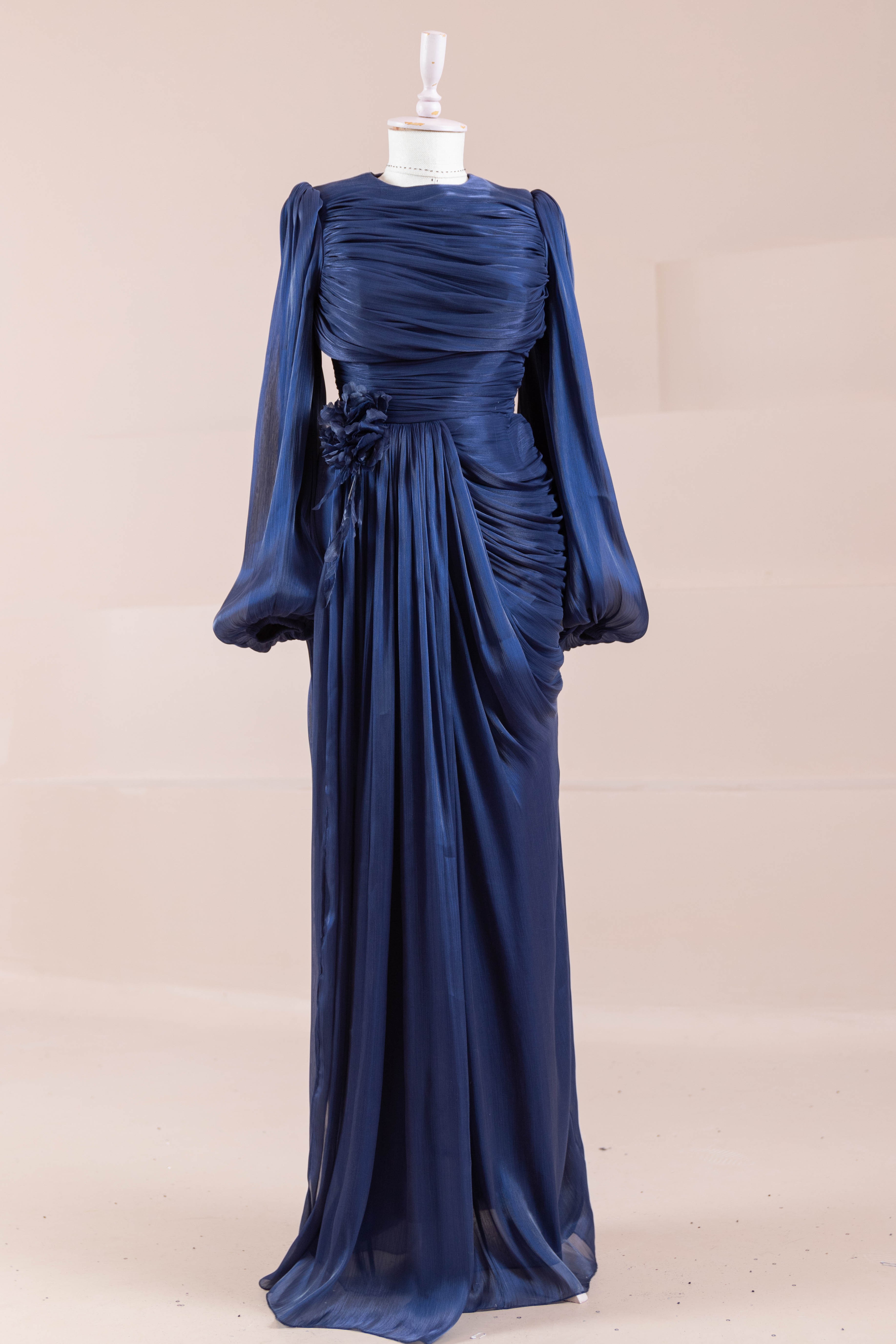 Çiçekli Lotus Tesettür Abiye - Navy Blue